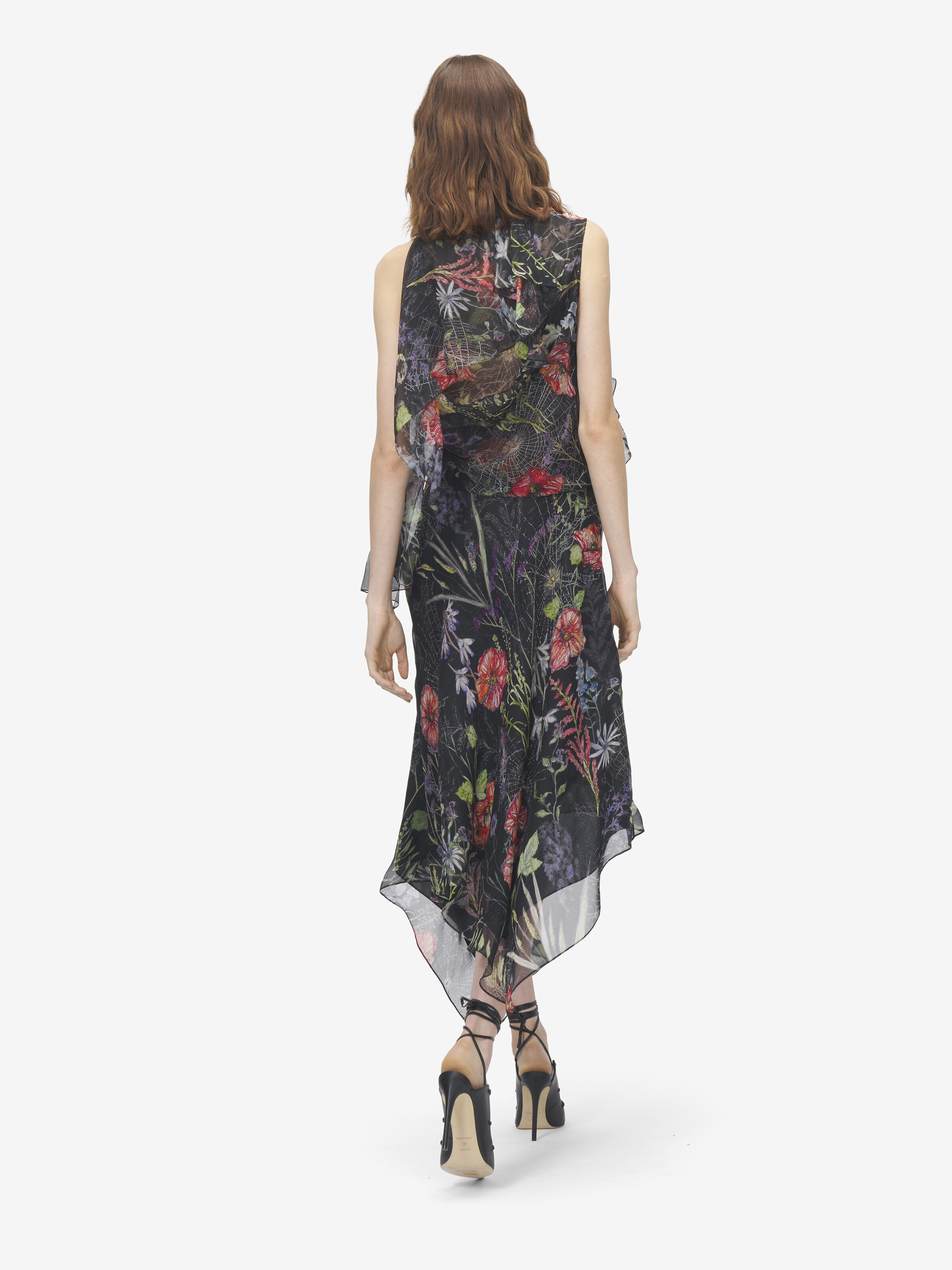 Women's Meadow Floral Print Asymmetric Evening Dress in Black in 100% Silk | Alexander McQueen - image 3