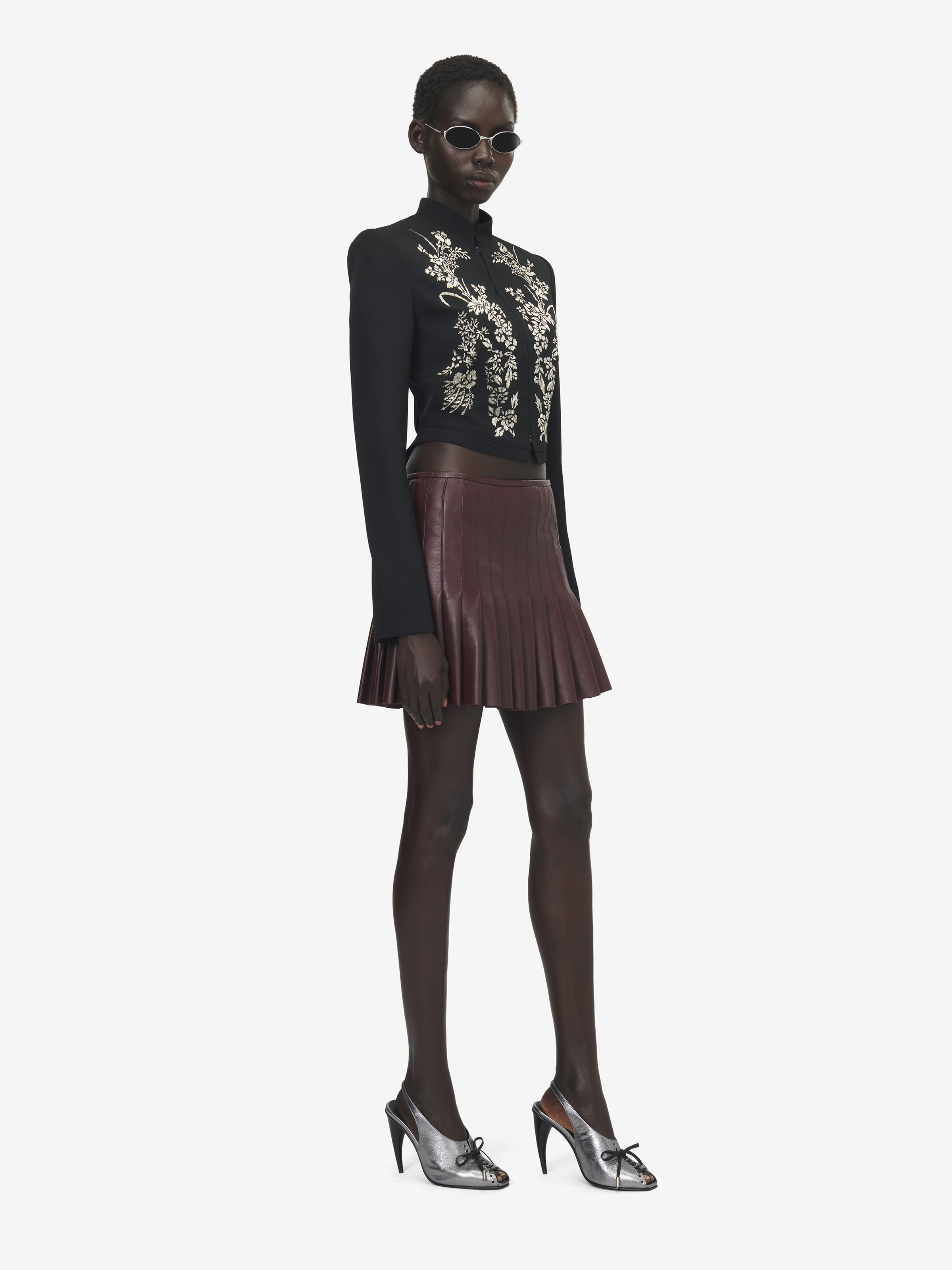 Women's Leather Pleated Mini Skirt in Burgundy in Lamb Leather | Alexander McQueen - image 3