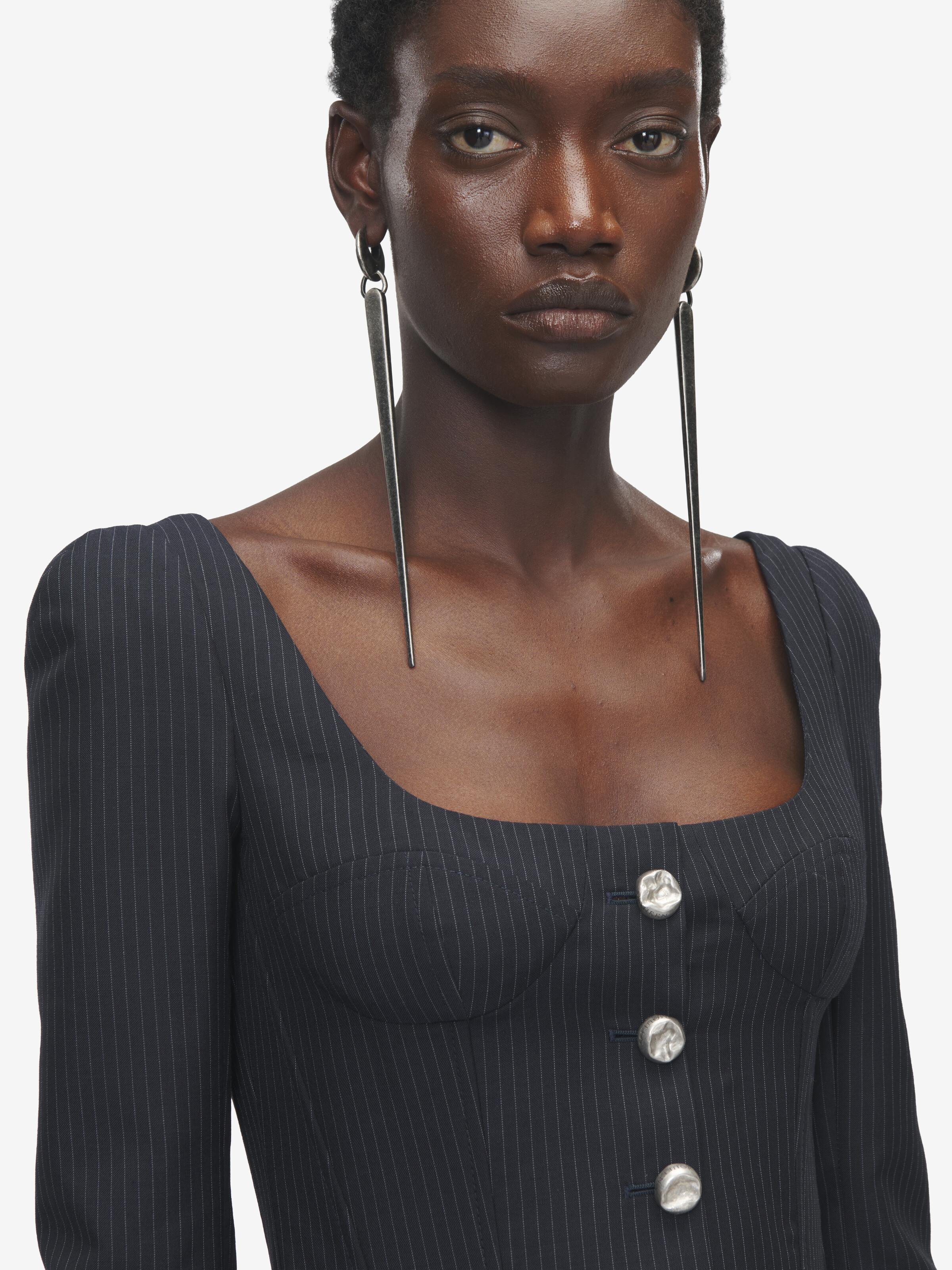 Women's Pinstriped Fitted Jacket in Navy in 75% Wool, 25% Mohair | Alexander McQueen - image 5