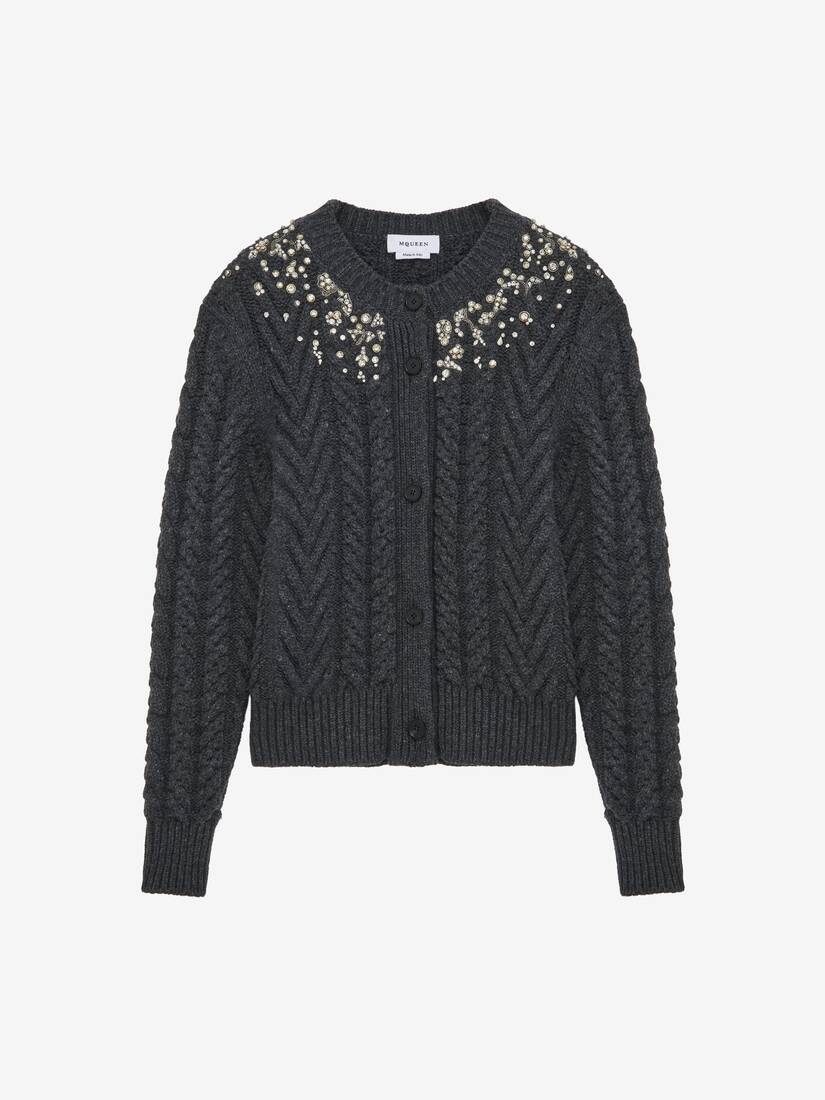 Cardigan aus Zopfmusterstrick mit Kristallstickerei