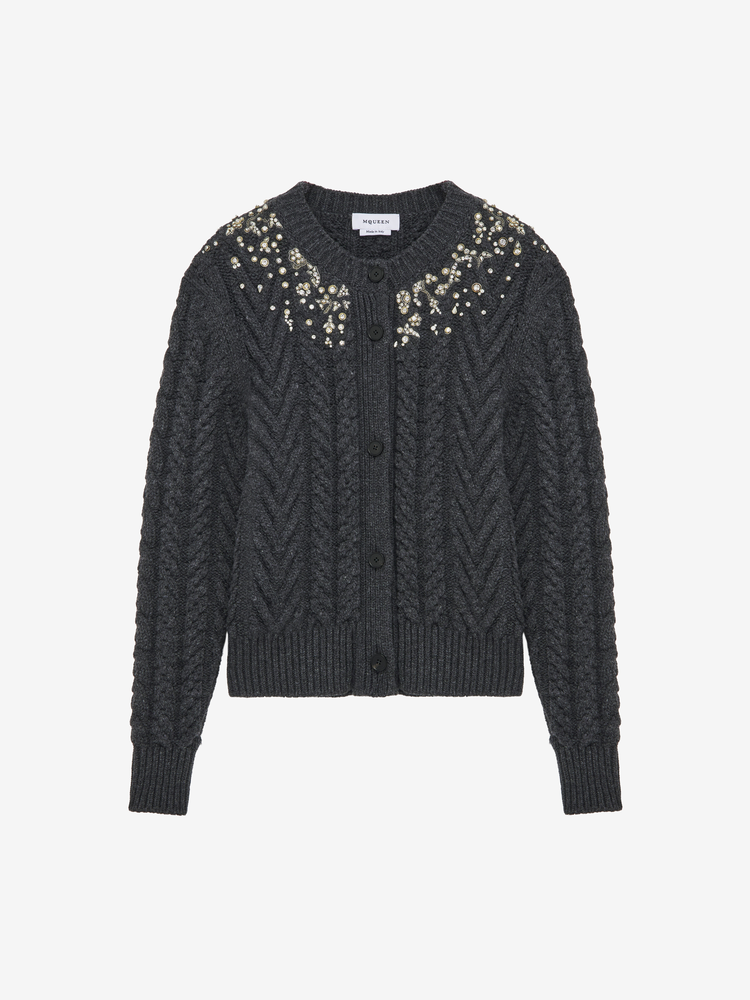 Cardigan aus Zopfmusterstrick mit Kristallstickerei