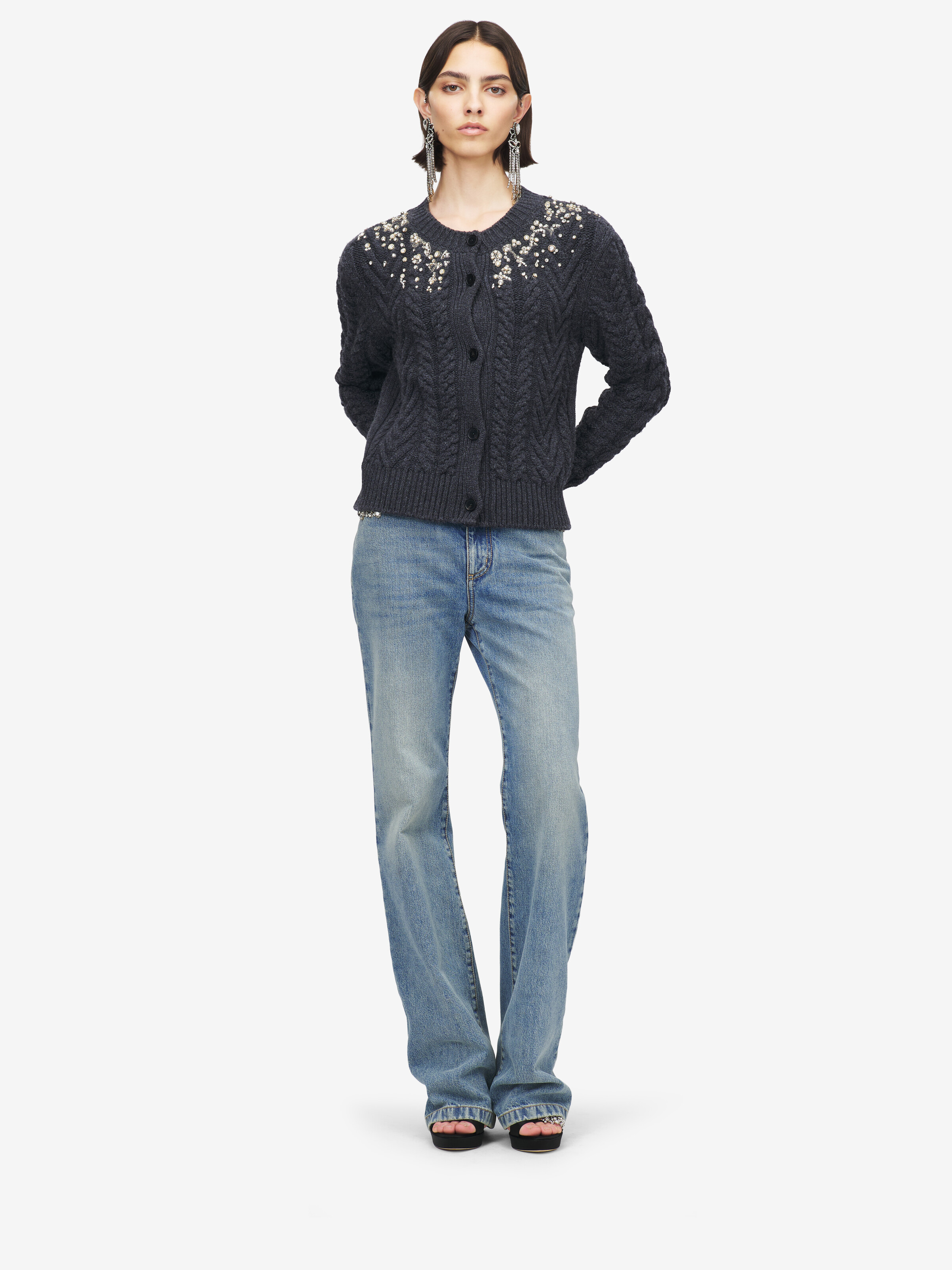 Women's Crystal Embroidery Cable Knit Cardigan in Grey Melange in 90% Wool, 10% Cashmere | Alexander McQueen - image 2
