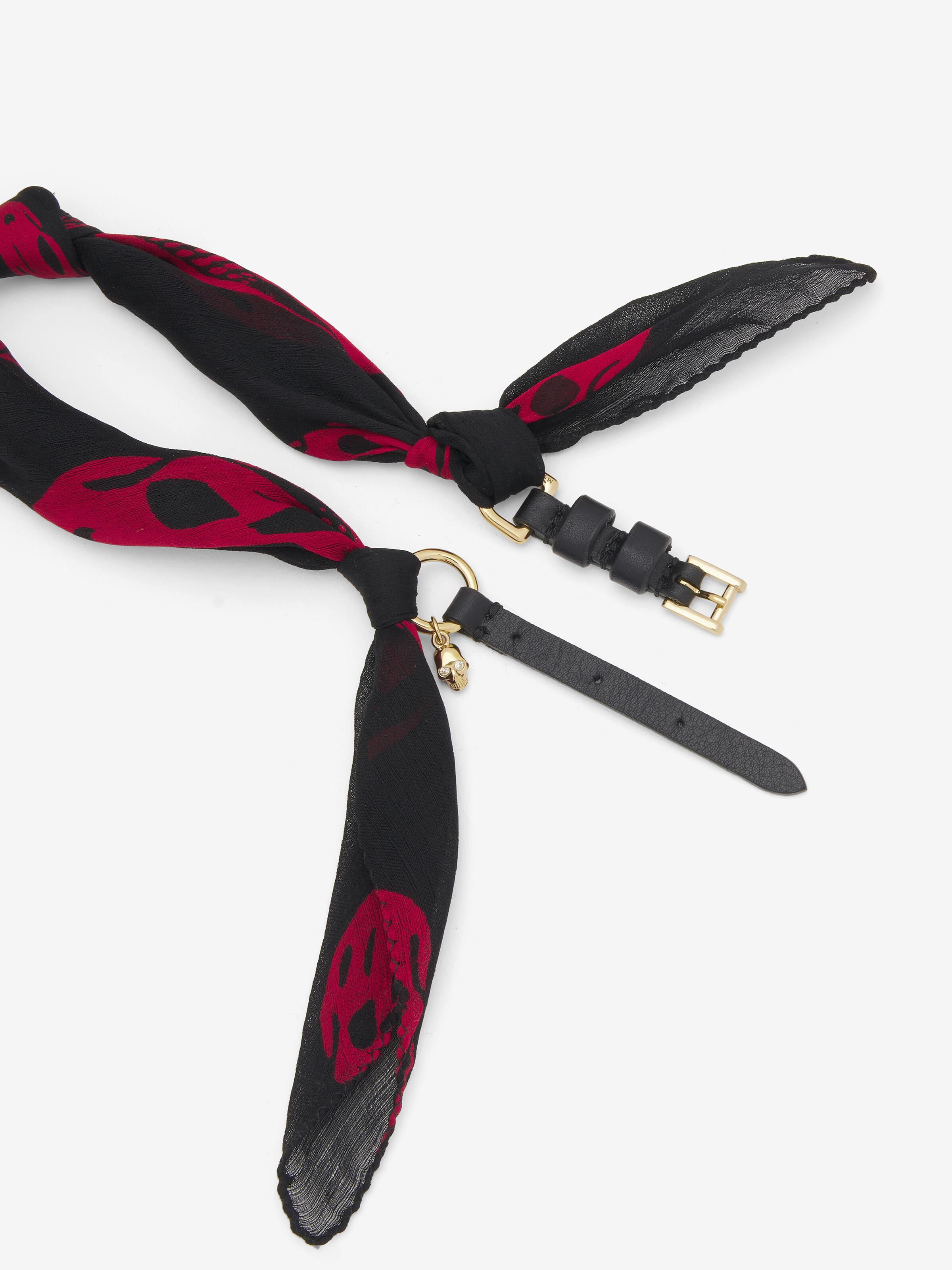 Women's Skull Scarf Double Wrap Bracelet in Black/Red in Calf Leather, Brass, 100% Silk | Alexander McQueen - image 3