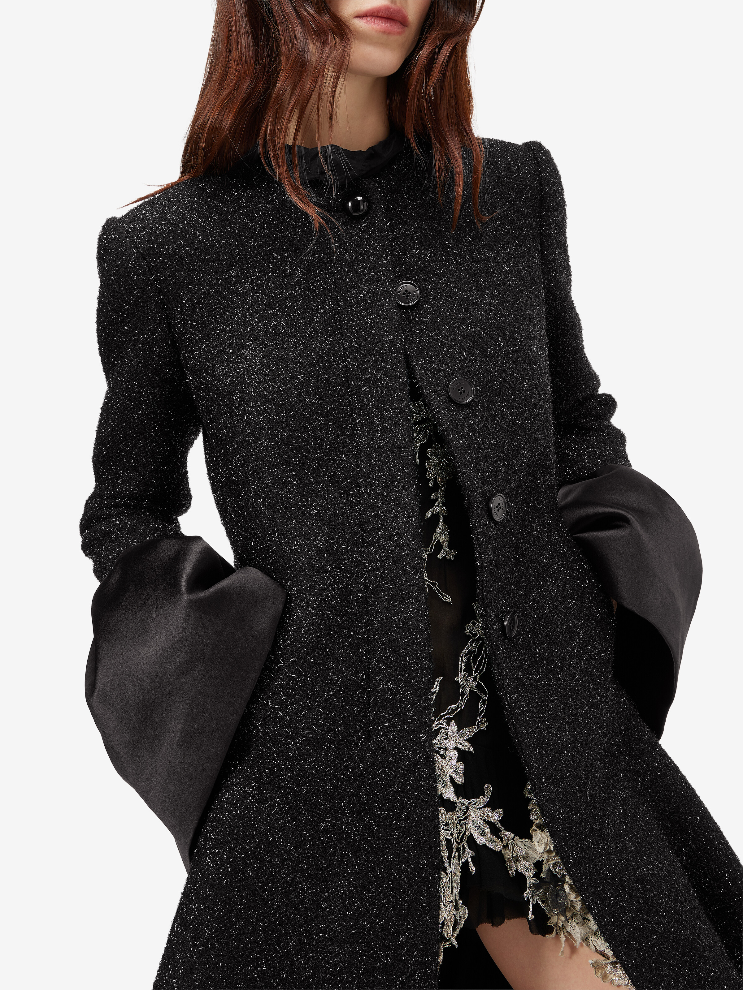 Women's Metallic Tweed High-low Coat in Black in 92% acrylic, 8% polyamide -  details: 100% silk -  lining: 100% viscose | Alexander McQueen - image 5