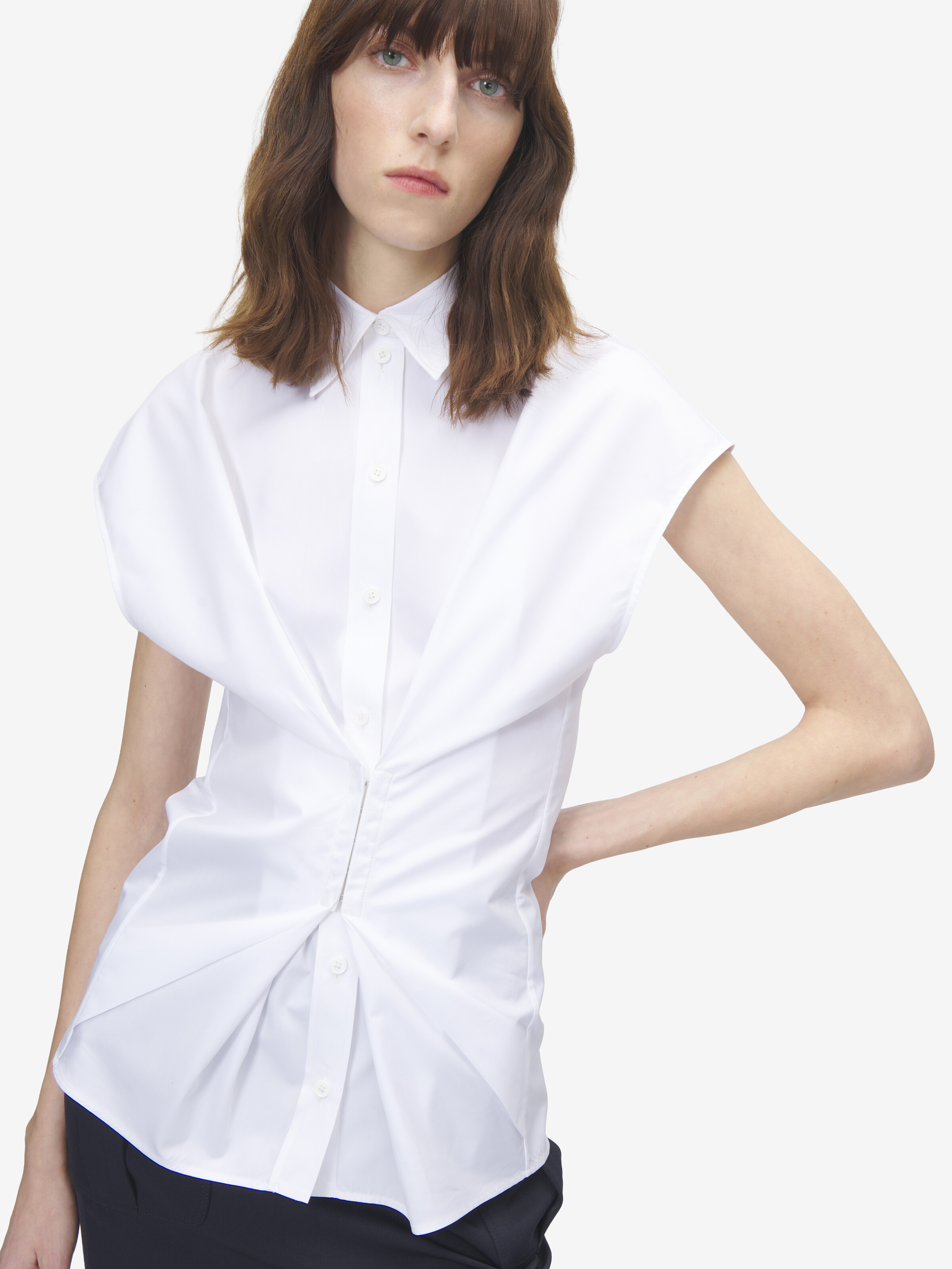 Women's Gathered Short-Sleeved Shirt in Optical White in 100% Cotton | Alexander McQueen - image 5