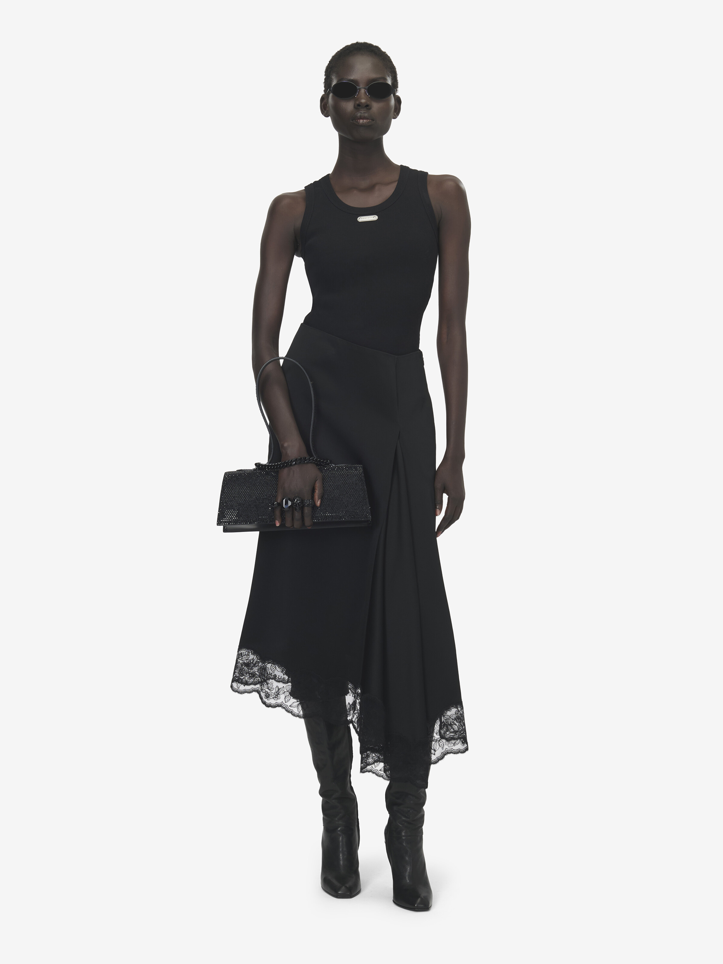 Women's Lace Hem Asymmetric Midi Skirt in Black in 61% Viscose, 39% Acetate | Alexander McQueen - image 2