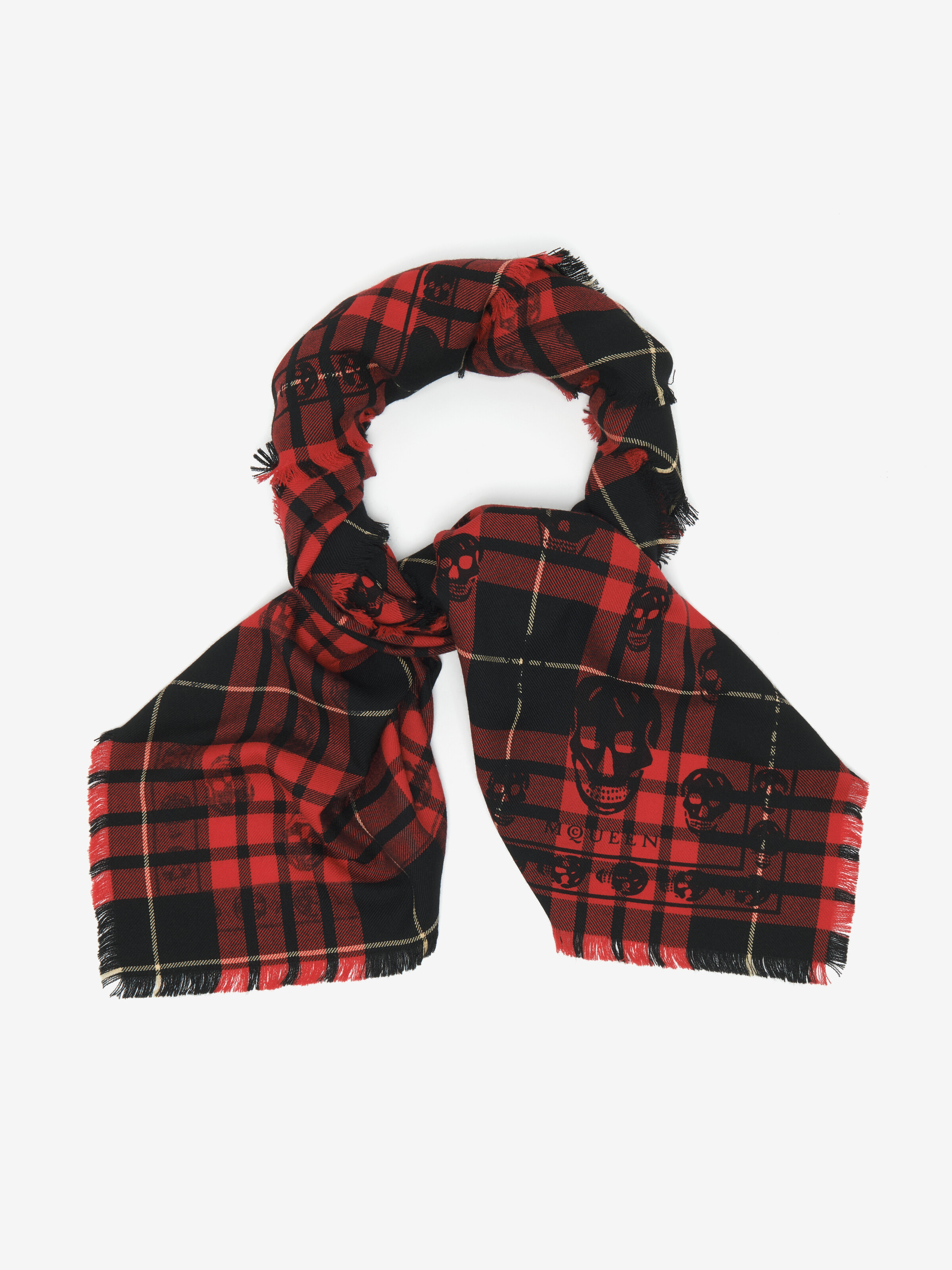 Men's Tartan Skull Scarf in Red/Black in 70% Cotton, 30% Silk | Alexander McQueen - image 1