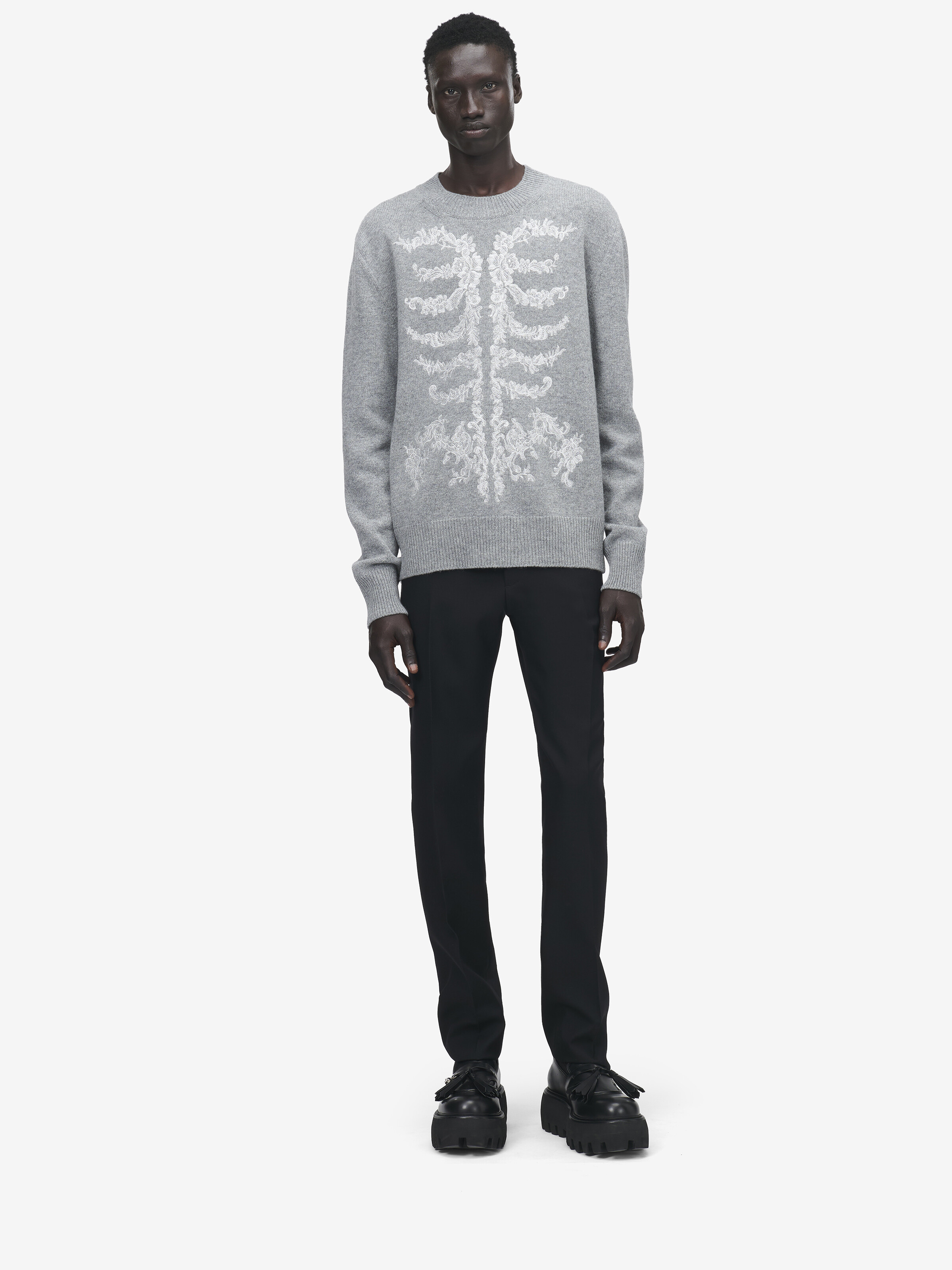 Men's Lace Ribcage Embroidery Jumper in Grey Melange in 100% Wool | Alexander McQueen - image 2