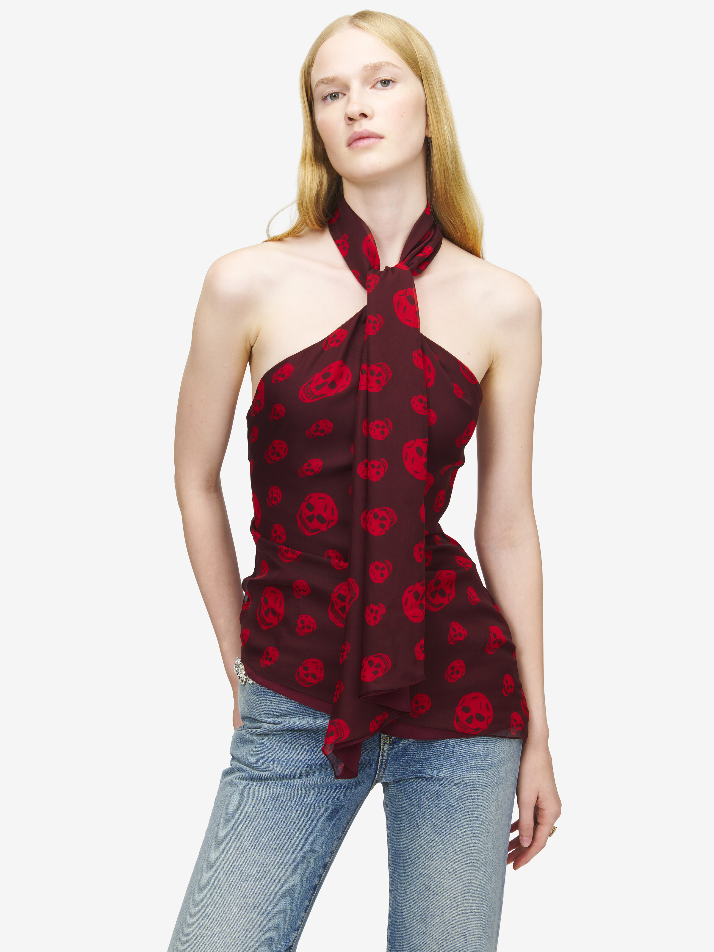 Women's Skull Print Halterneck Top in Deep Red in 100% Silk | Alexander McQueen - image 6