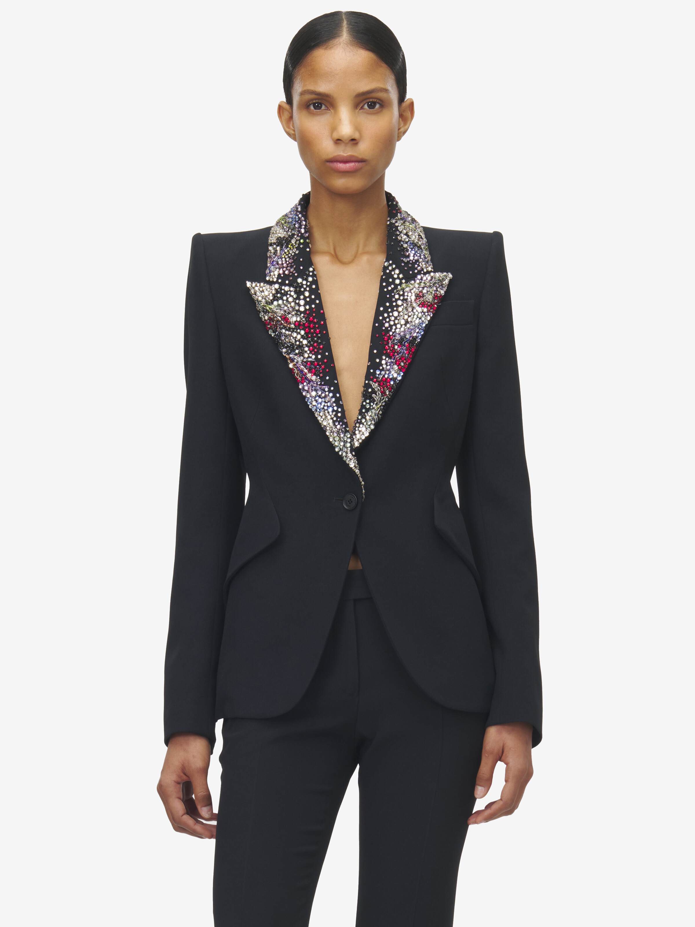 Women's Embroidered Lapel Jacket in Black in 52% Viscose, 48% Acetate | Alexander McQueen - image 5