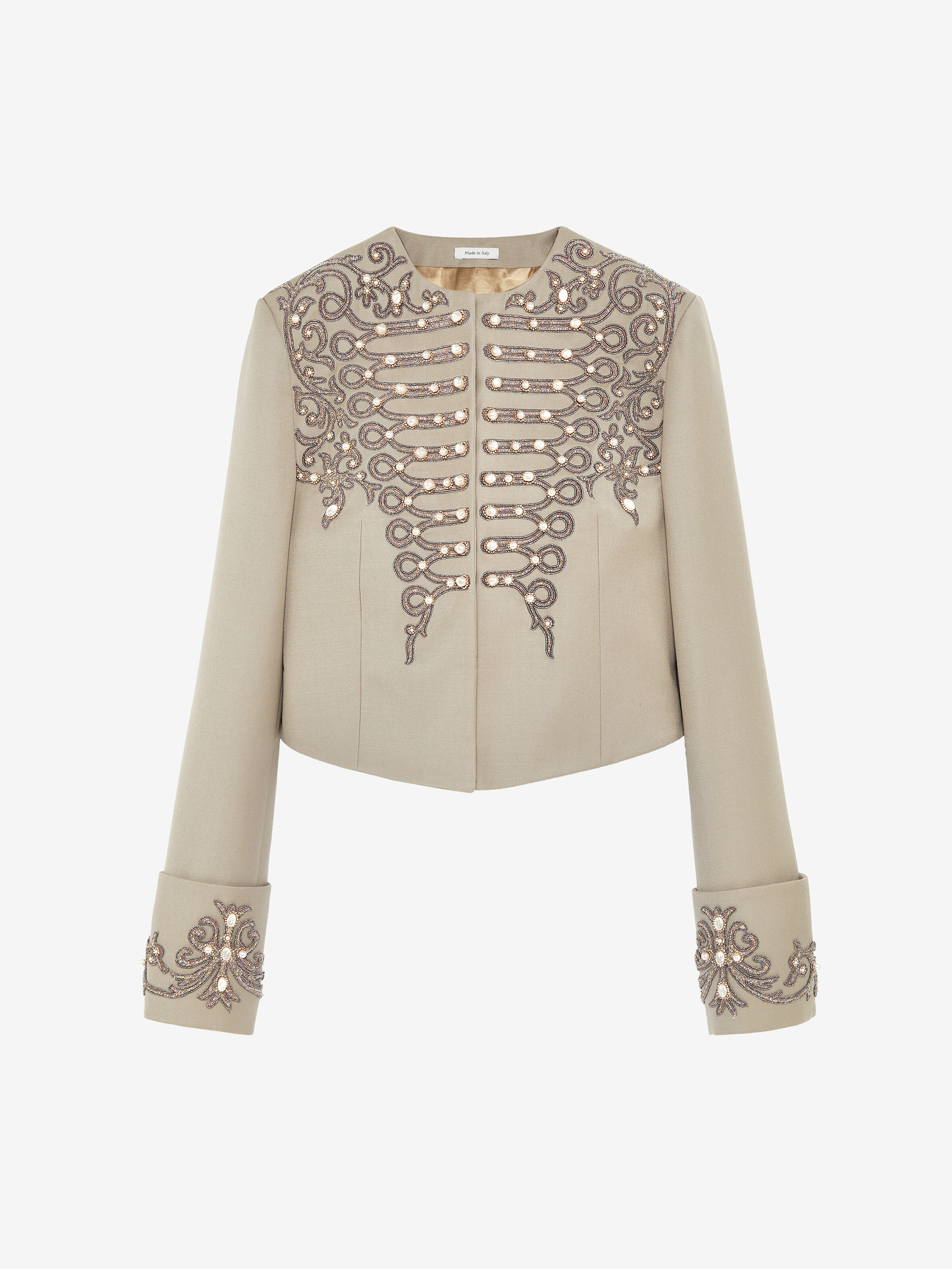 Women's Beaded Frogging Cropped Jacket in Beige in 100% wool -  lining: 100% viscose -  non textile embroidery : plastic -  metal -  glass | Alexander McQueen - image 1