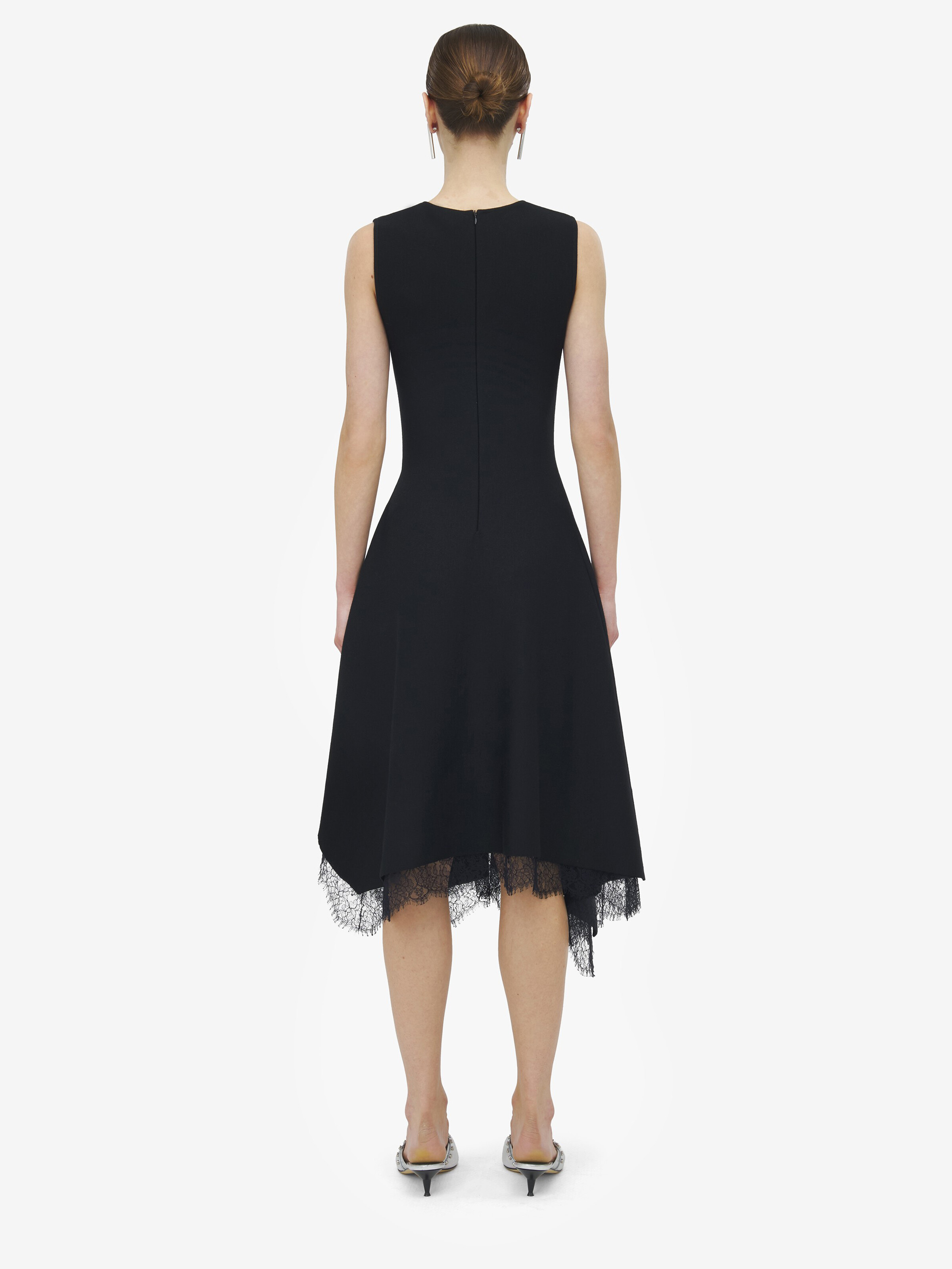Women's Lace Detail Asymmetric Dress in Black in 46% Viscose, 45% Wool, 8% Polyamide, 1% Elastane | Alexander McQueen - image 4