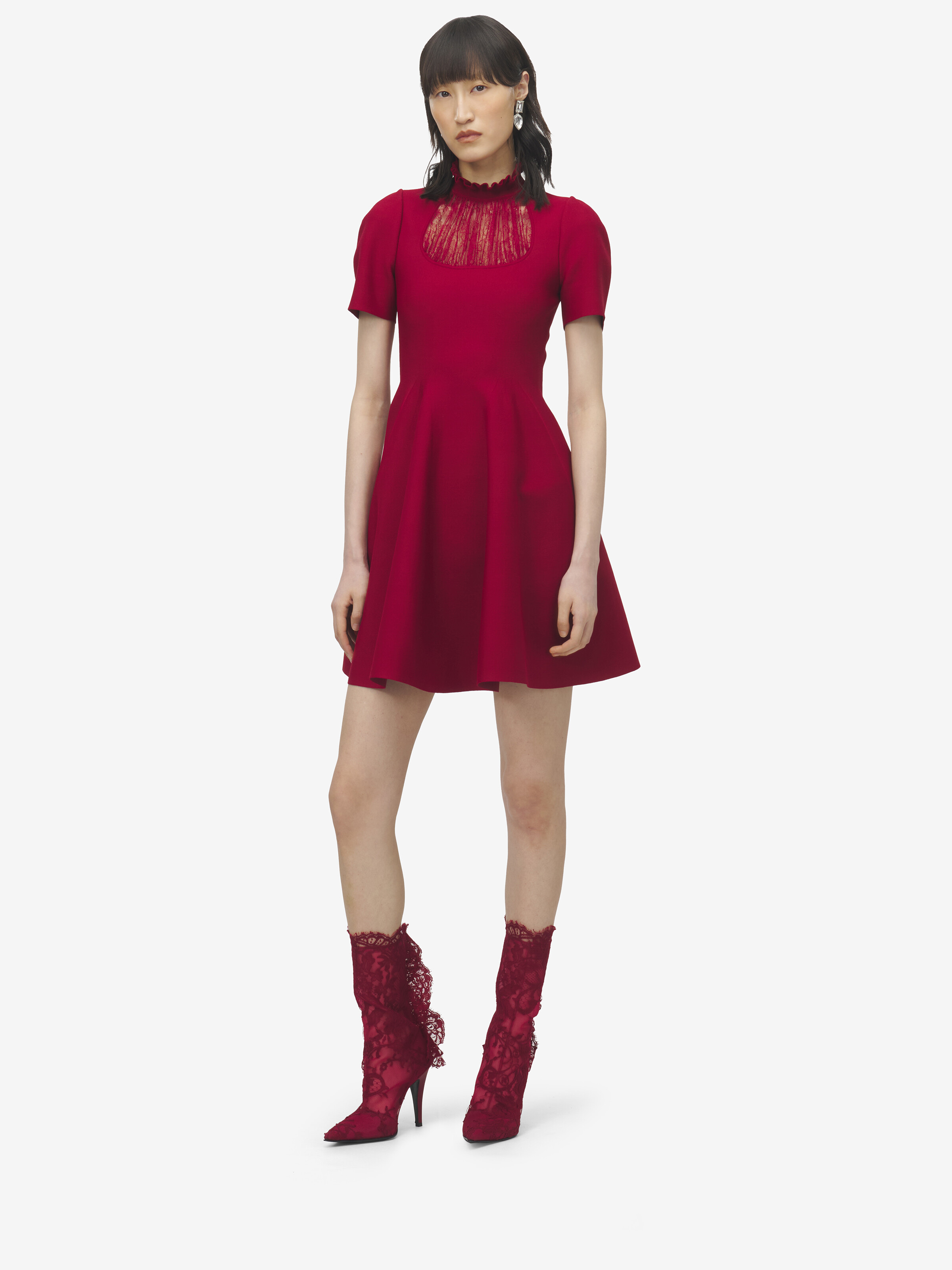 Women's Lace Panel Mini Dress in Crimson in 66% Viscose, 20% Polyamide, 13% Polyester, 1% Elastane | Alexander McQueen - image 2