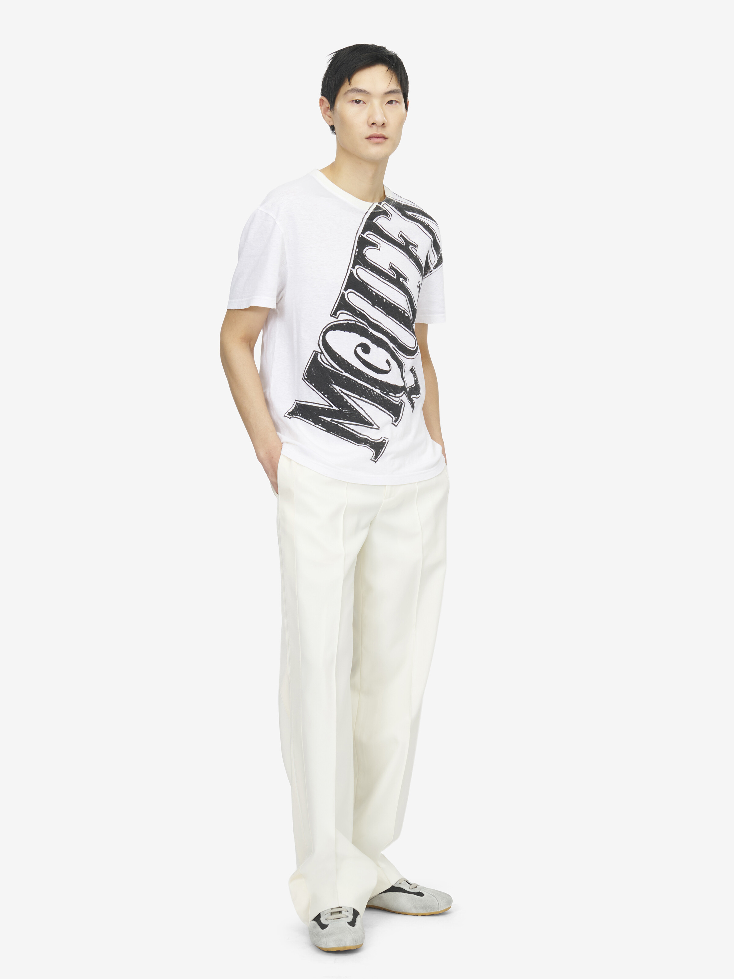 Men's Sketch Logo Print T-shirt in White/Black in 70% Cotton, 30% Linen | Alexander McQueen - image 3