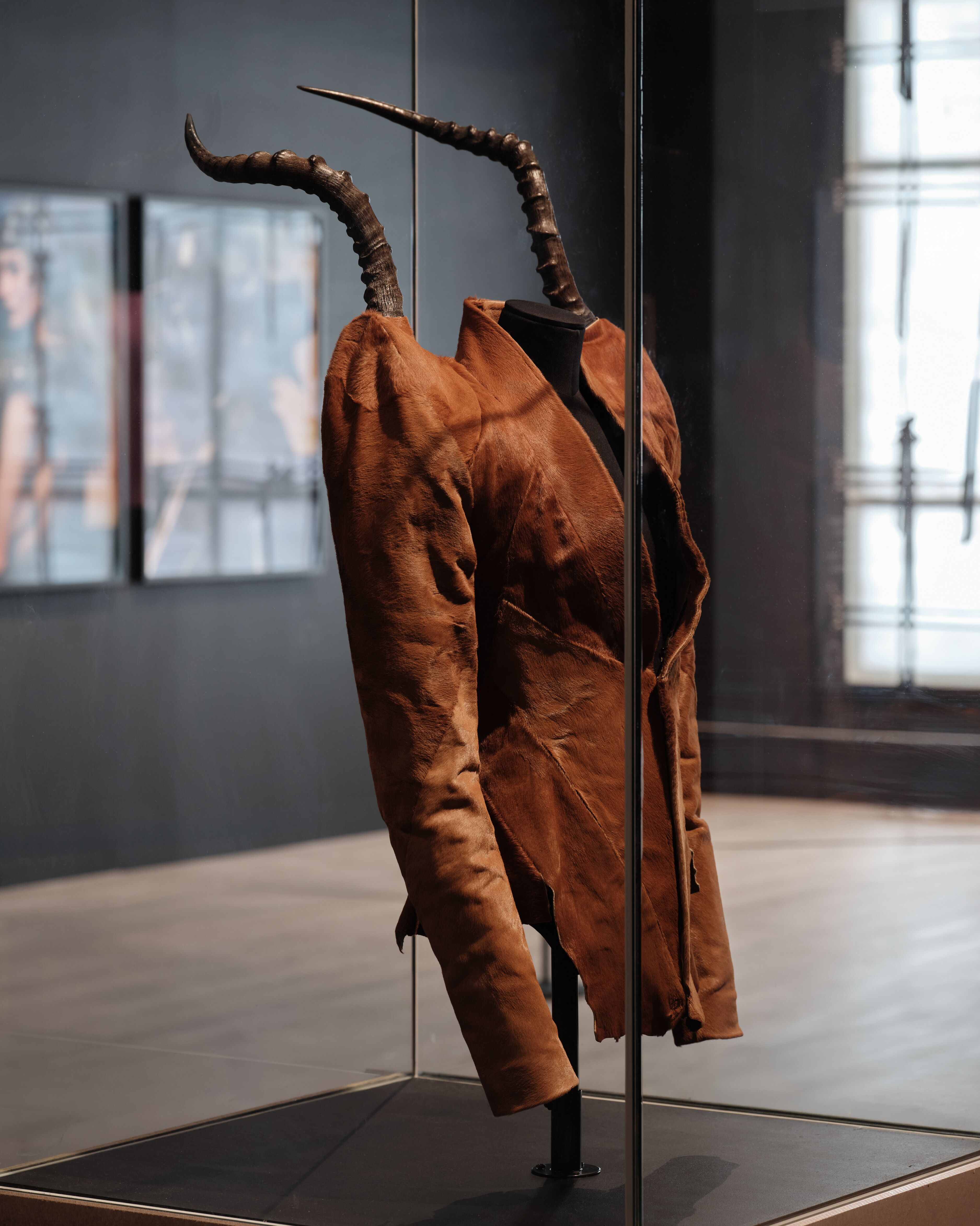 Tate Britain Exhibition - 90's art and Fashion - Tailored jacket in calf skin with impala horns.