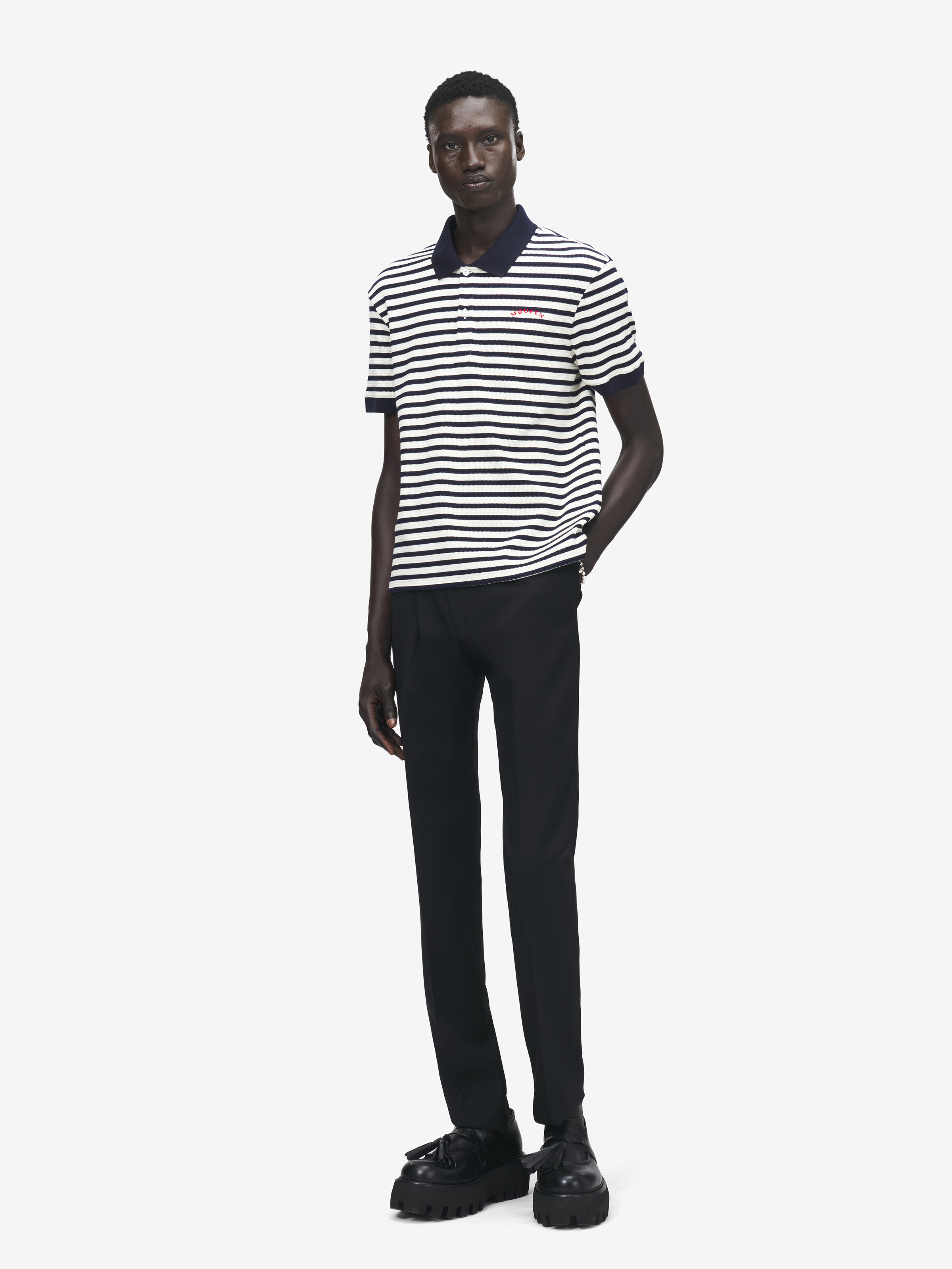 Men's Striped Polo Shirt in Ivory/Navy in 98% Cotton, 2% Elastan | Alexander McQueen - image 3