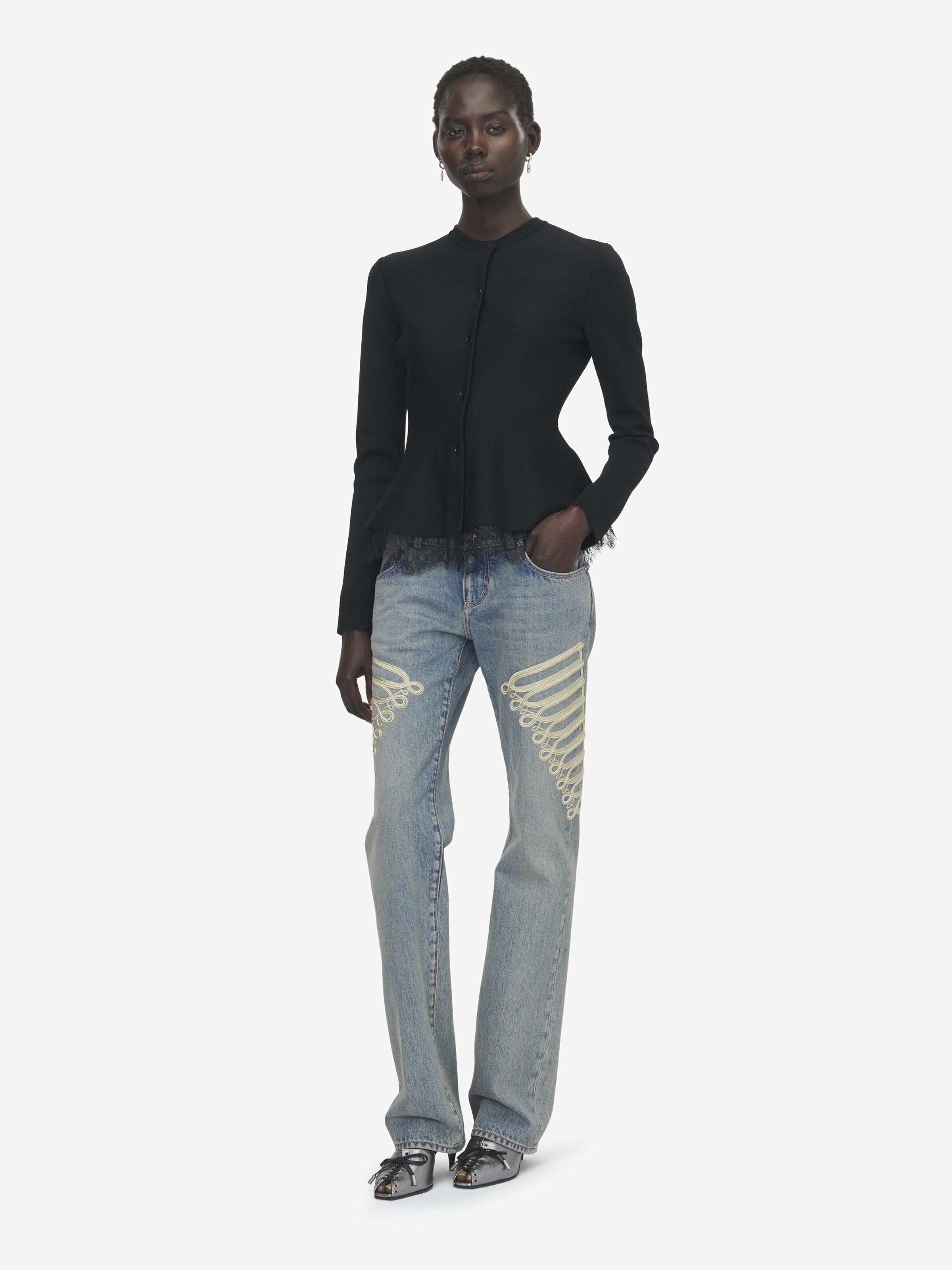 Women's Lace Trim Peplum Cardigan in Black in 46% Viscose, 45% Wool, 8% Polyamid1% Elastan | Alexander McQueen - image 2