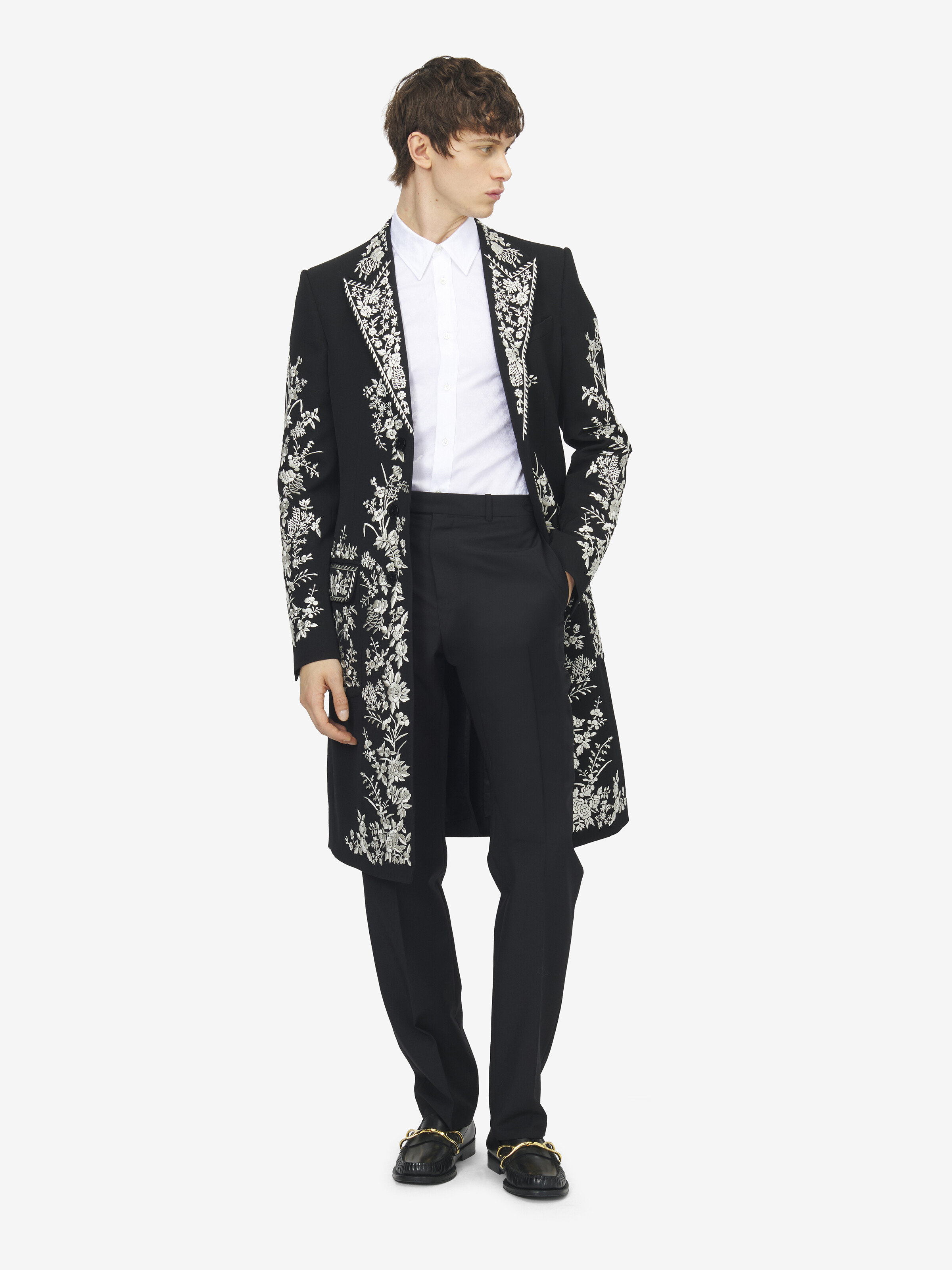 Men's Floral Embroidery Coat in Black in 100% Wool | Alexander McQueen - image 2