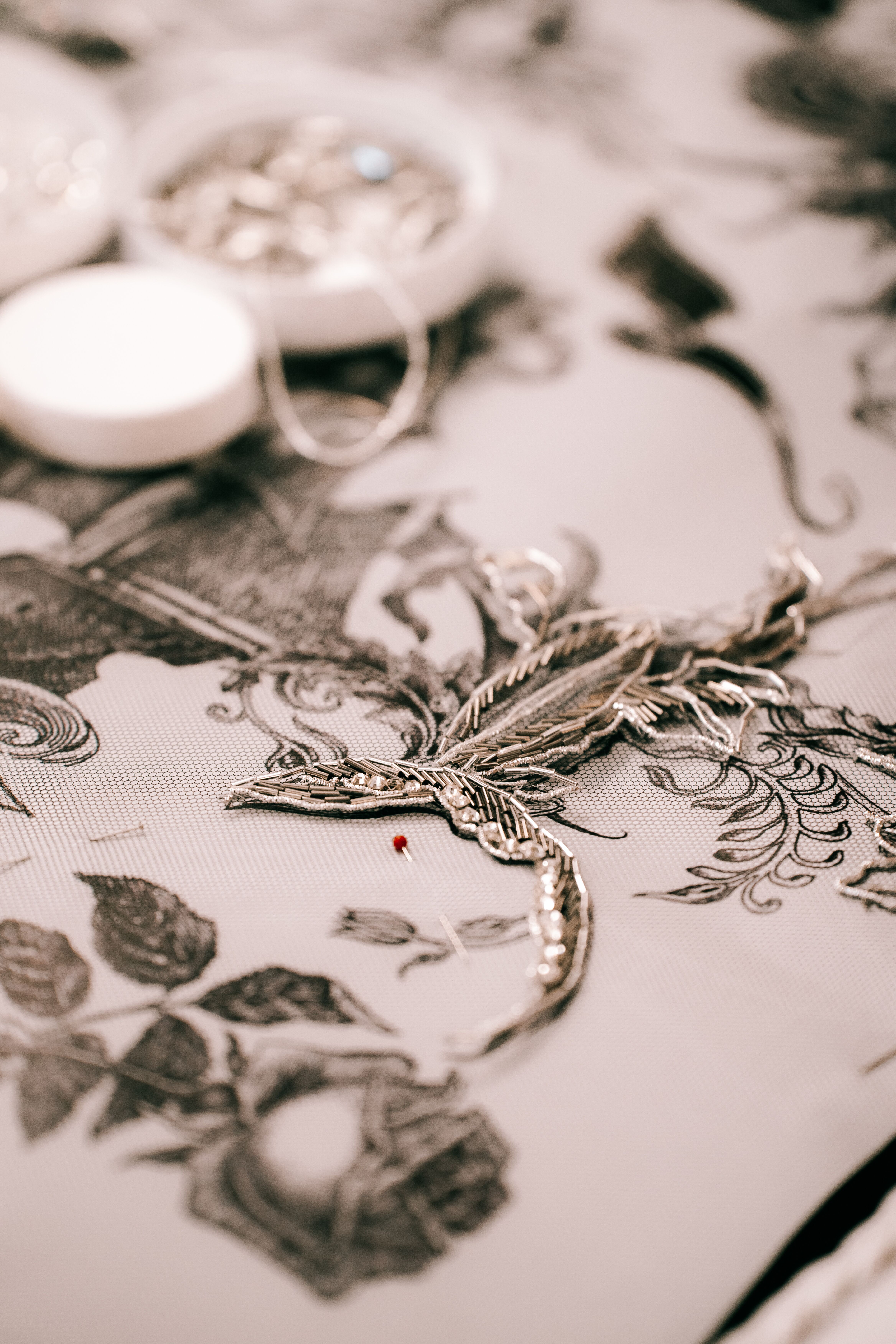 A close up of embroidery on table