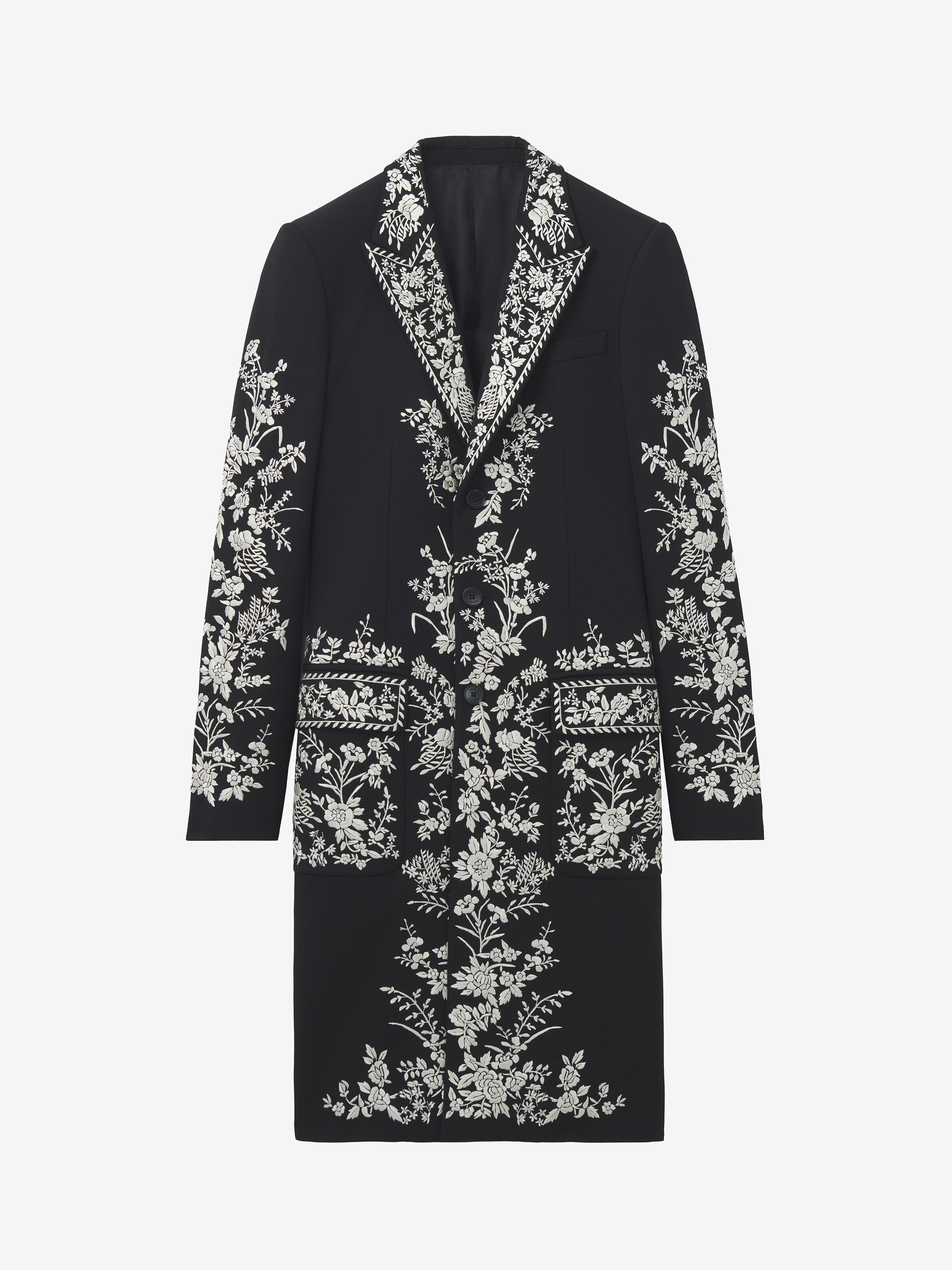 Men's Floral Embroidery Coat in Black in 100% Wool | Alexander McQueen - image 1