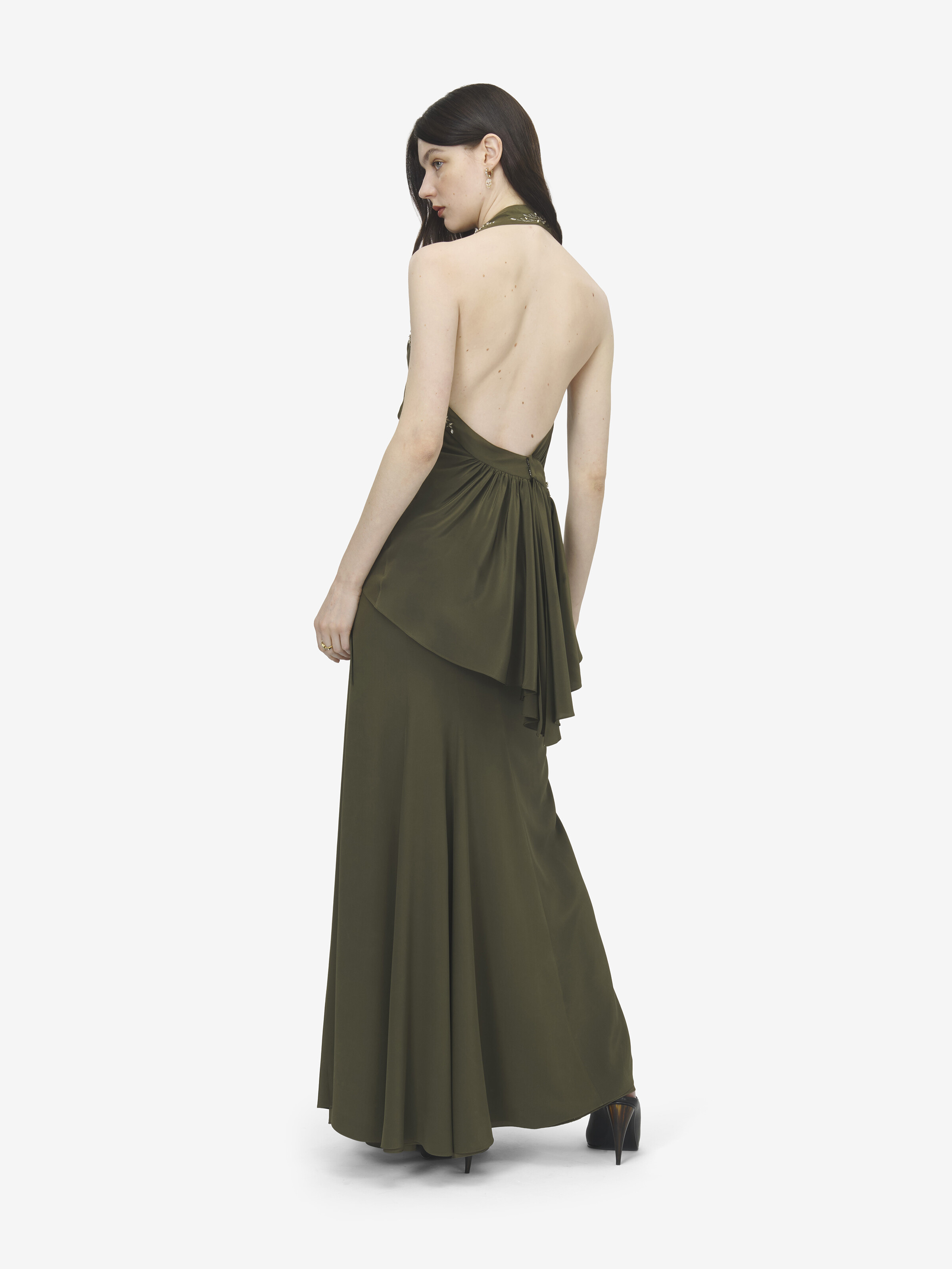 Women's Floral Embroidery Asymmetric Top in Green in 100% Silk | Alexander McQueen - image 4