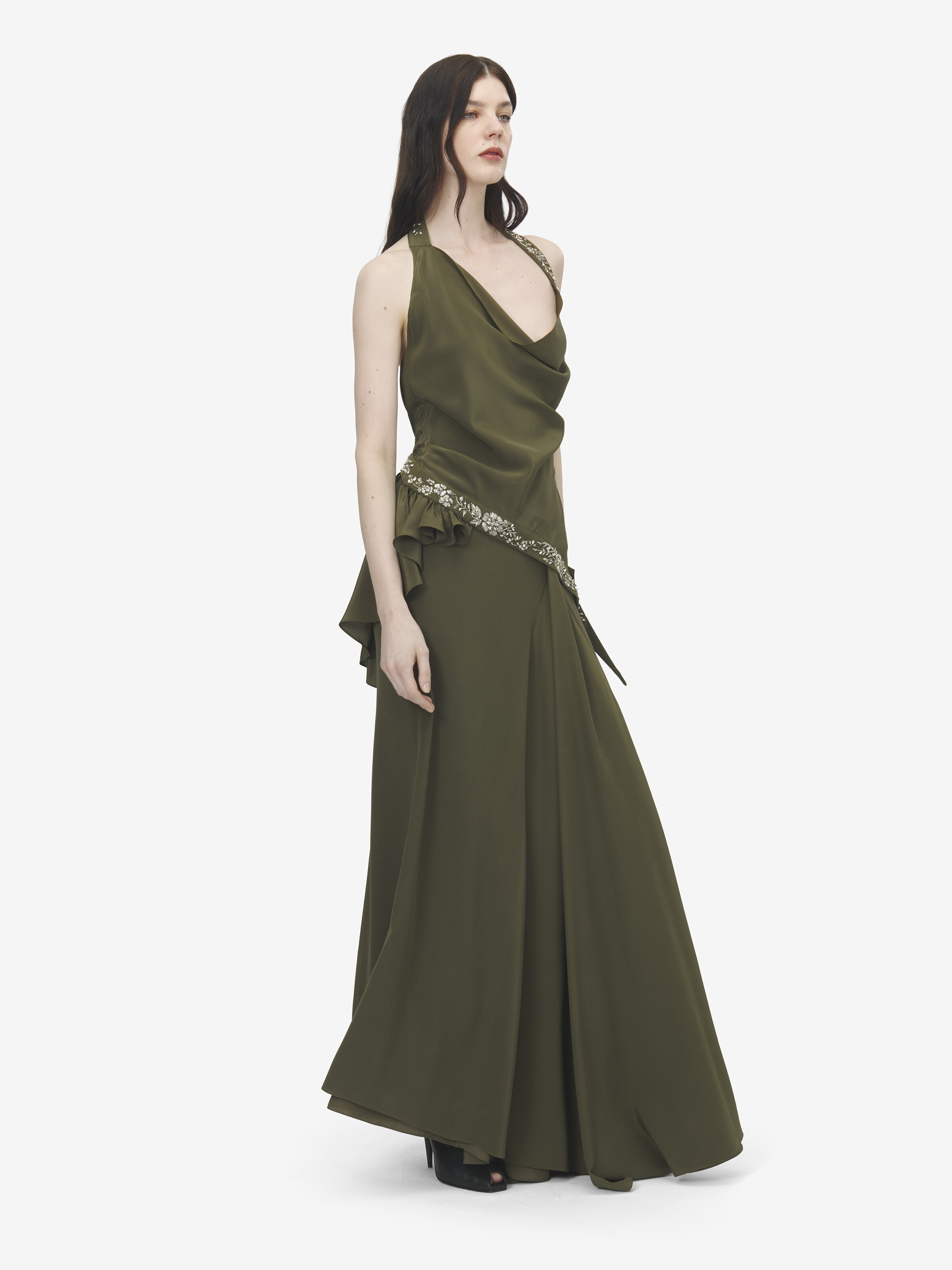 Women's Floral Embroidery Asymmetric Top in Green in 100% Silk | Alexander McQueen - image 3