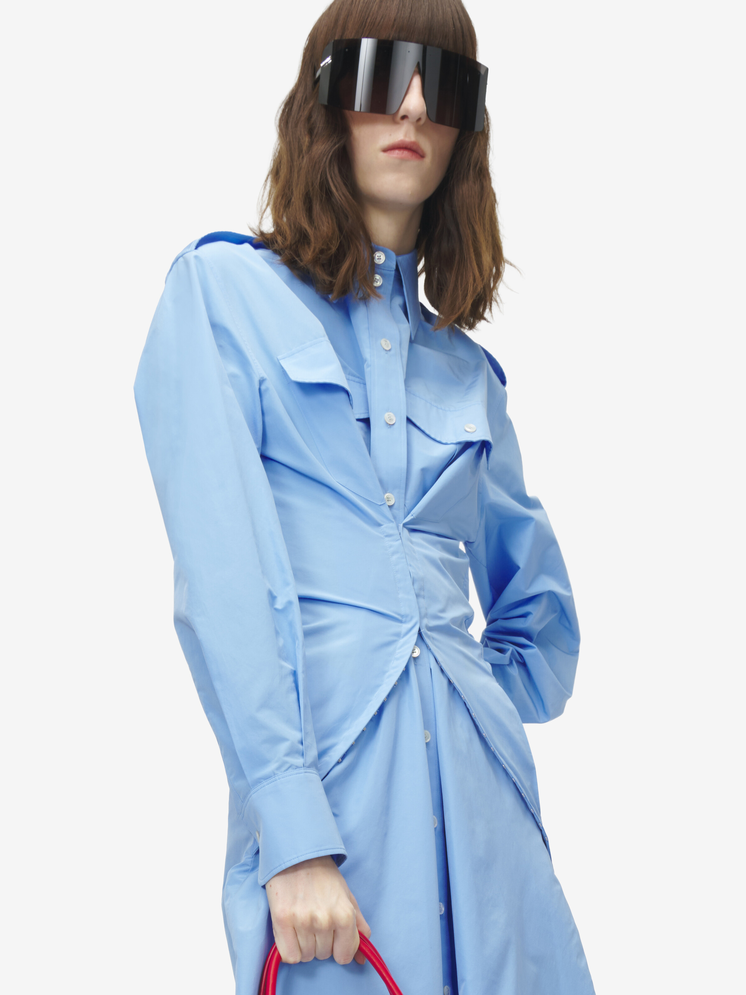 Women's Gathered Shirt Dress in Blue in 51% Cotton, 49% Polyester | Alexander McQueen - image 5