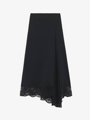 Women's Lace Hem Asymmetric Midi Skirt in Black | McQueen US