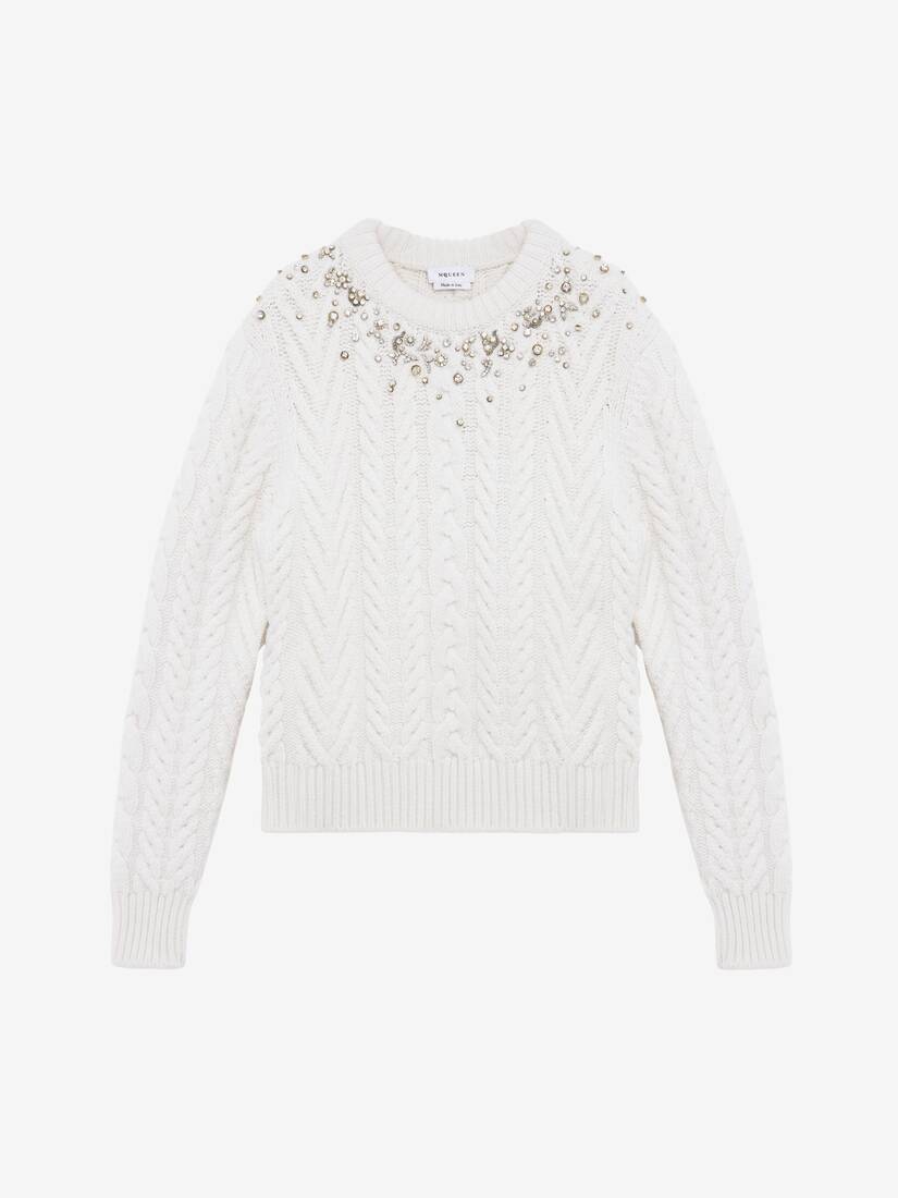 Pullover aus Zopfmusterstrick mit Kristall-Stickerei