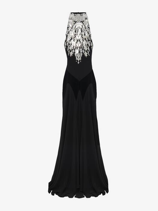 Women's Crystal Mirror Embroidery Evening Dress in Black | McQueen US
