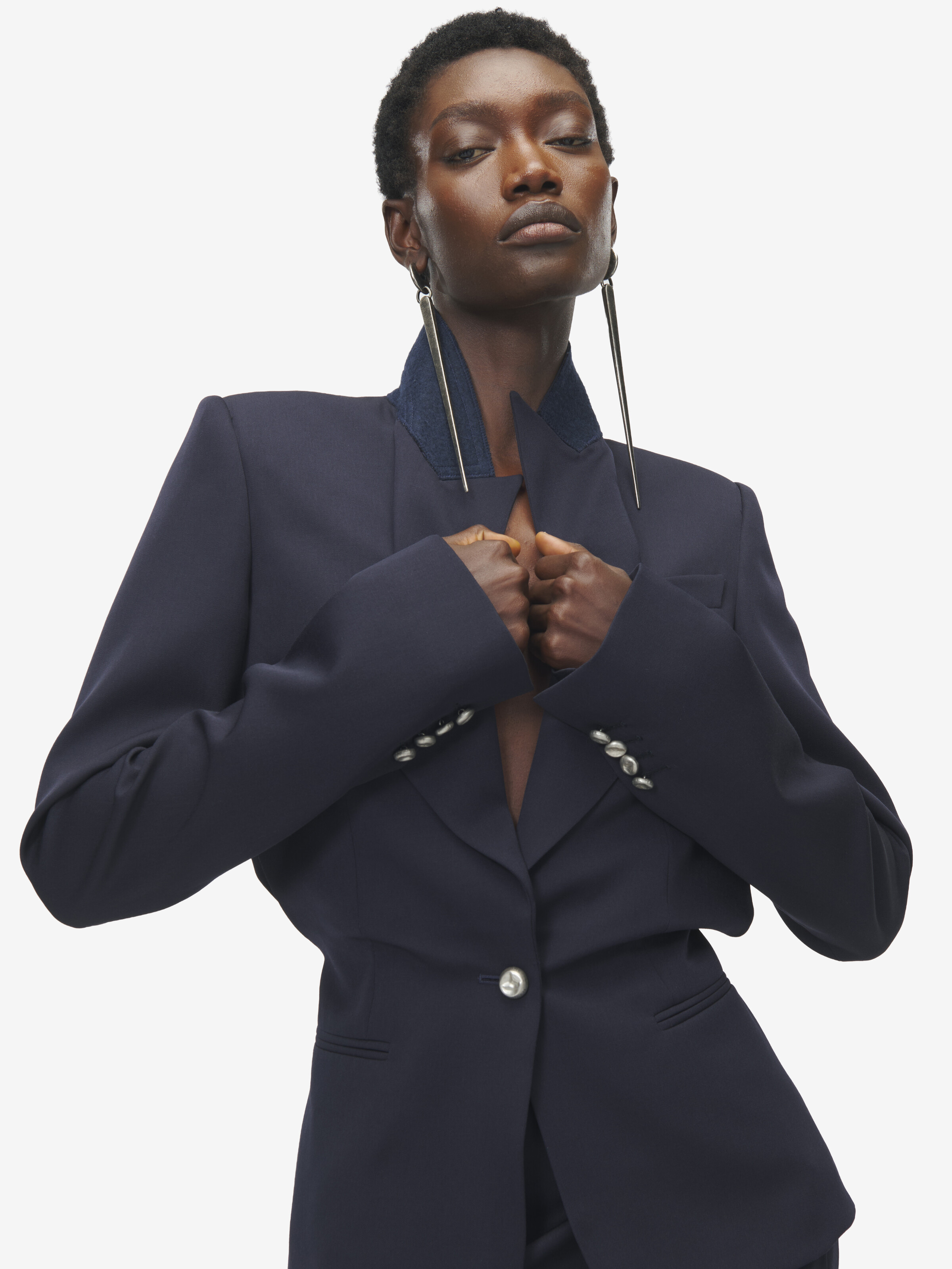 Women's Folded Lapel Single-Breasted Jacket in Navy in 100% Wool | Alexander McQueen - image 5