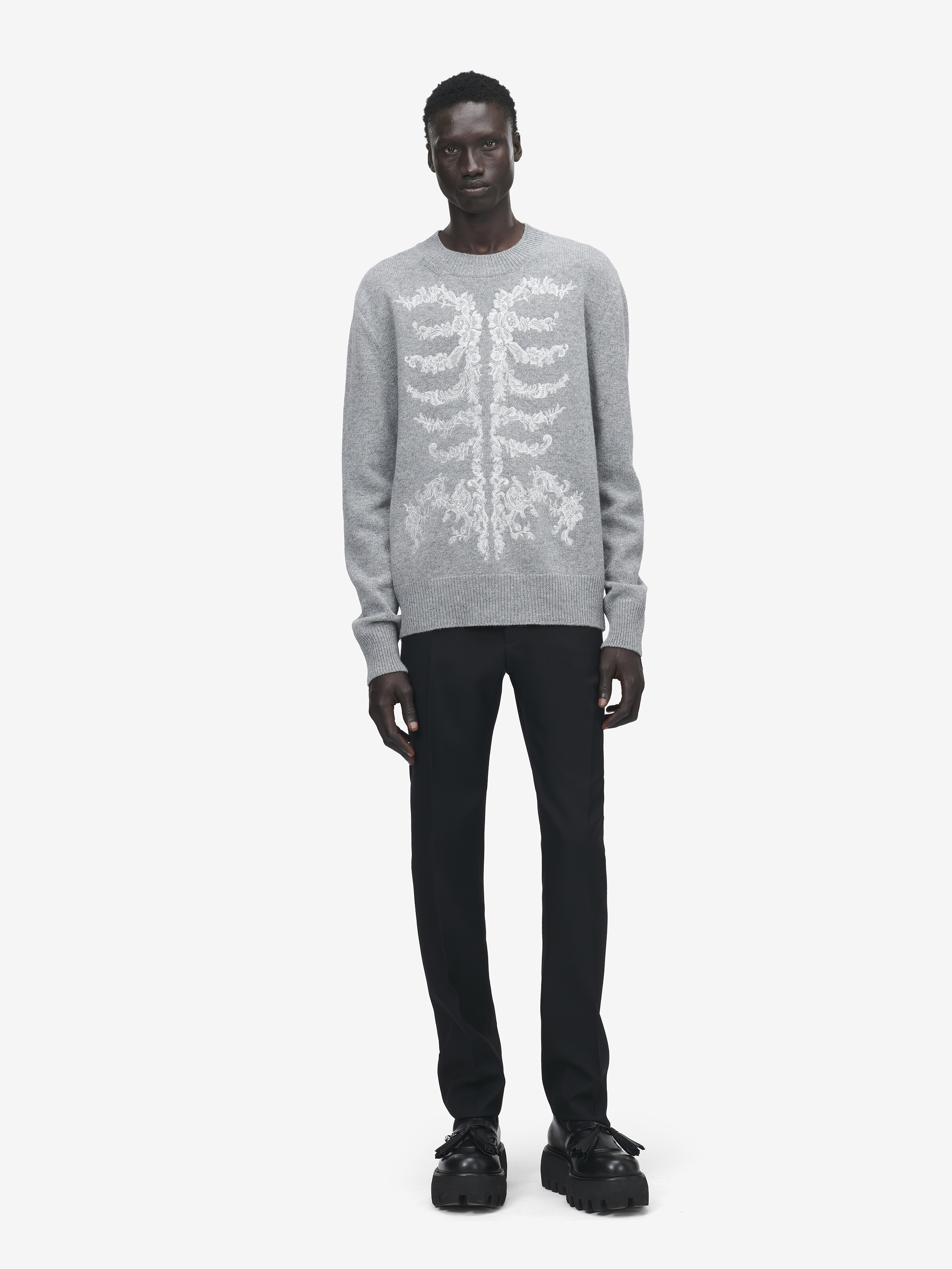 Maglione con ricamo motivo gabbia toracica in pizzo da Uomo in Grigio Mélange in 100% Lana | Alexander McQueen - image 3