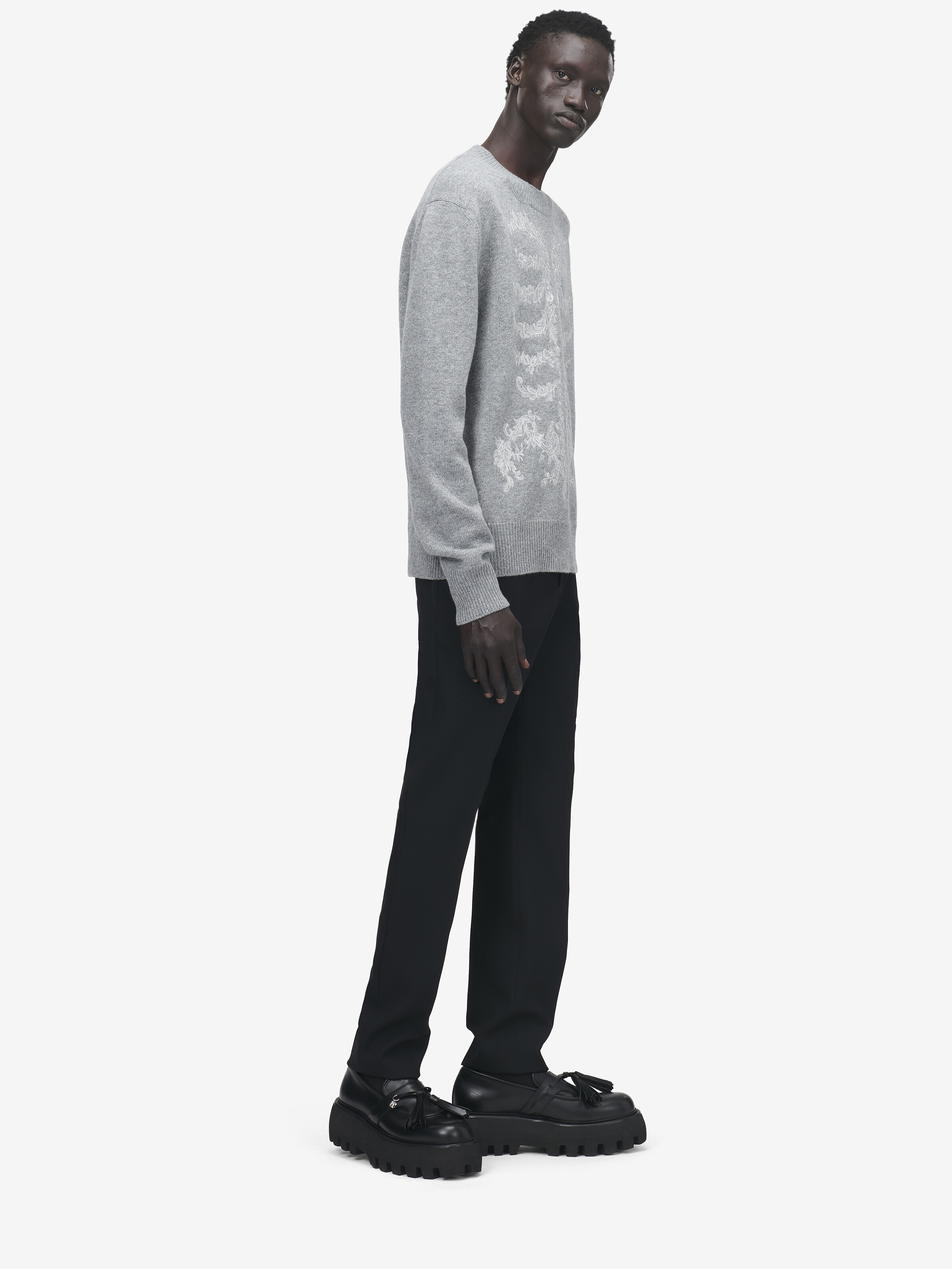 Men's Lace Ribcage Embroidery Jumper in Grey Melange in 100% Wool | Alexander McQueen - image 3
