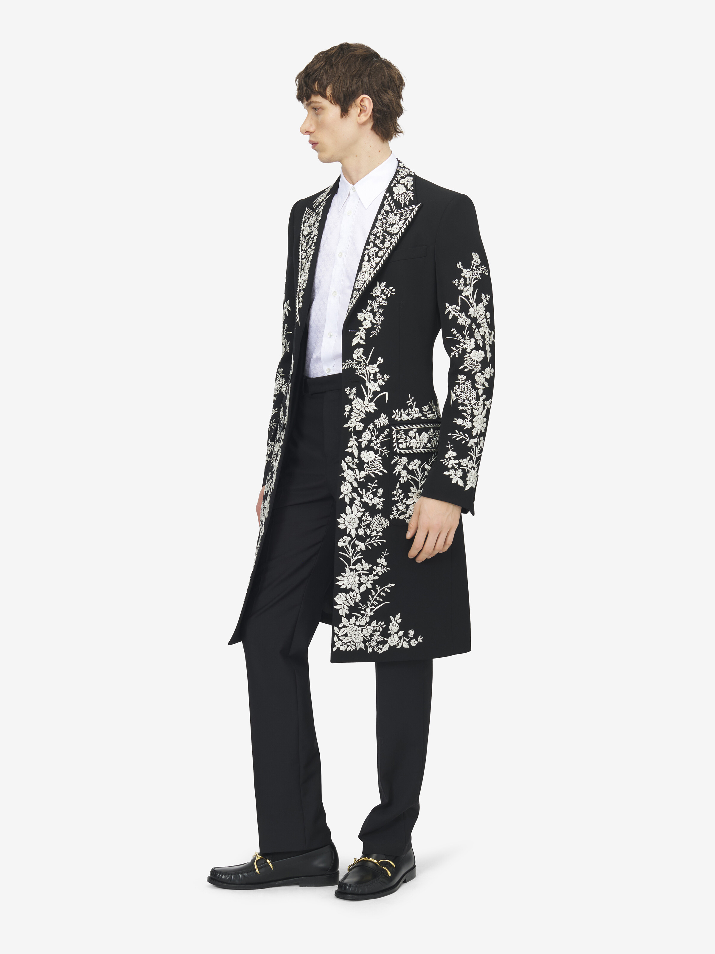 Men's Floral Embroidery Coat in Black in 100% Wool | Alexander McQueen - image 3
