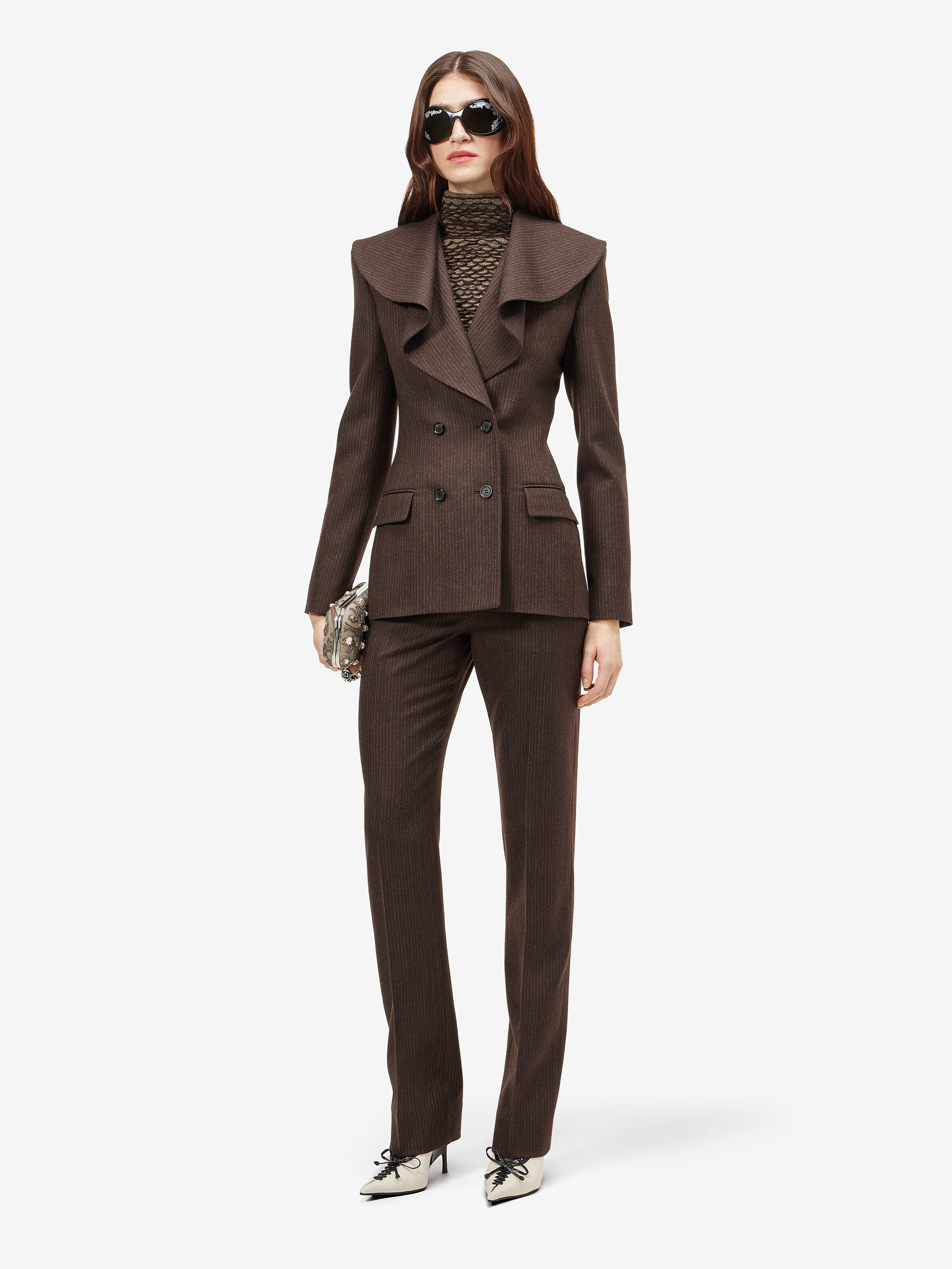 Women's Waterfall Collar Double-breasted Jacket in Dark Brown in 100% wool -  lining: 100% viscose | Alexander McQueen - image 2