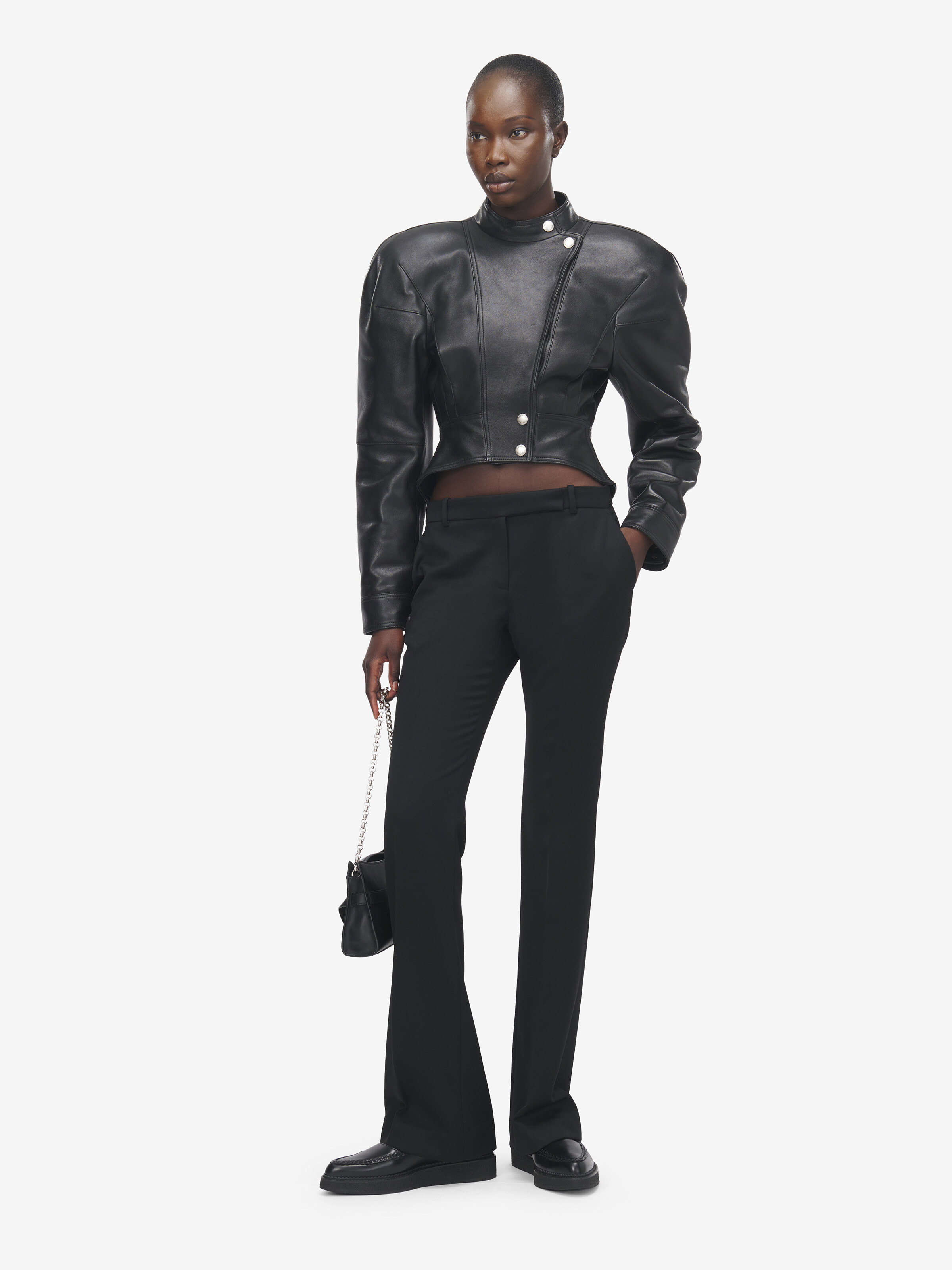 Women's Sculpted Shoulder Leather Jacket in Black in Lamb Leather - lining: 100% viscose -  filling: 94% polyethylene, 6% polyester | Alexander McQueen - image 2