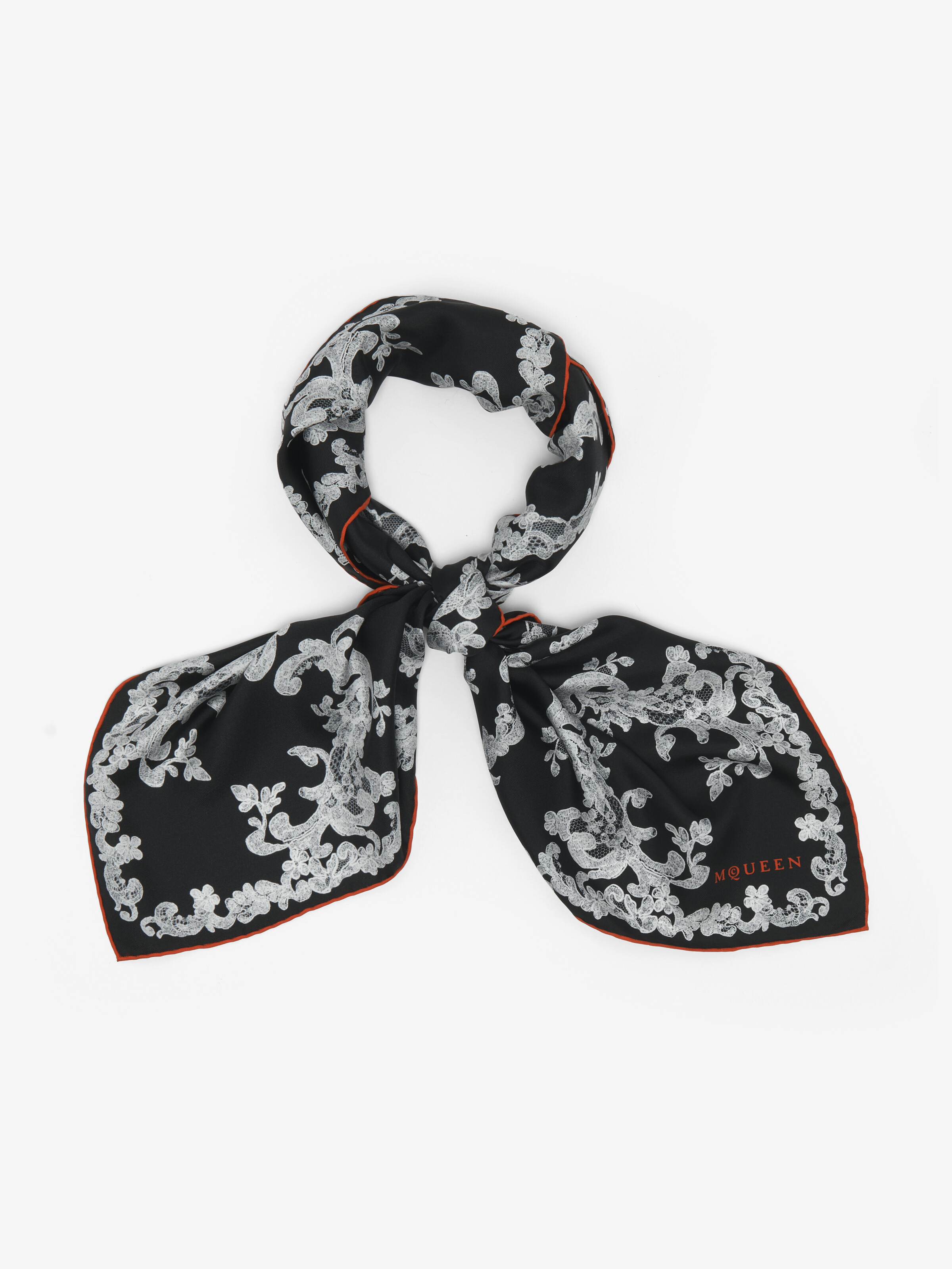 Lace Ribcage Foulard in Black/Red in 100% Silk | Alexander McQueen - image 1