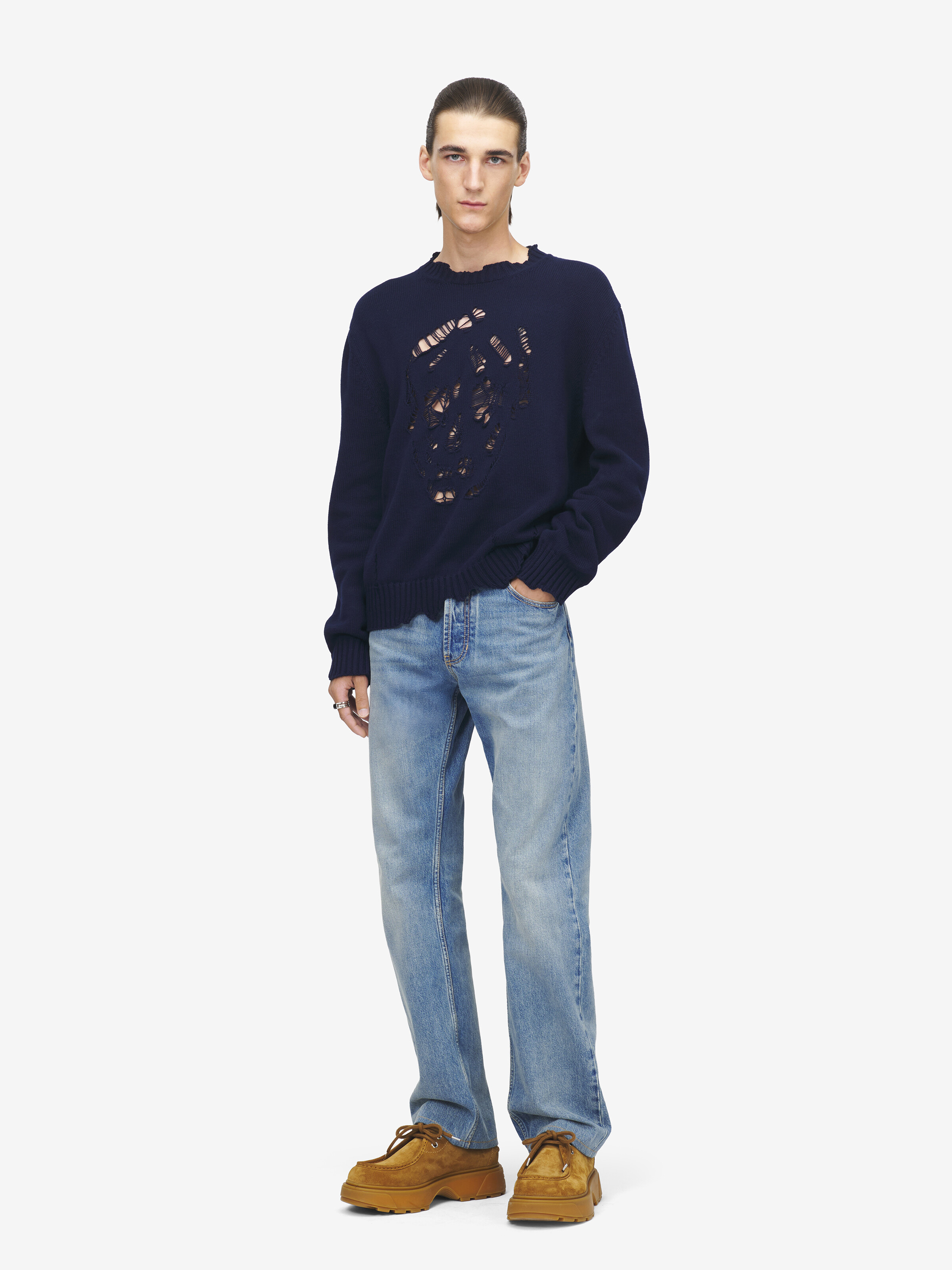 Men's Distressed Skull Jumper in Navy in 100% Cotton | Alexander McQueen - image 3