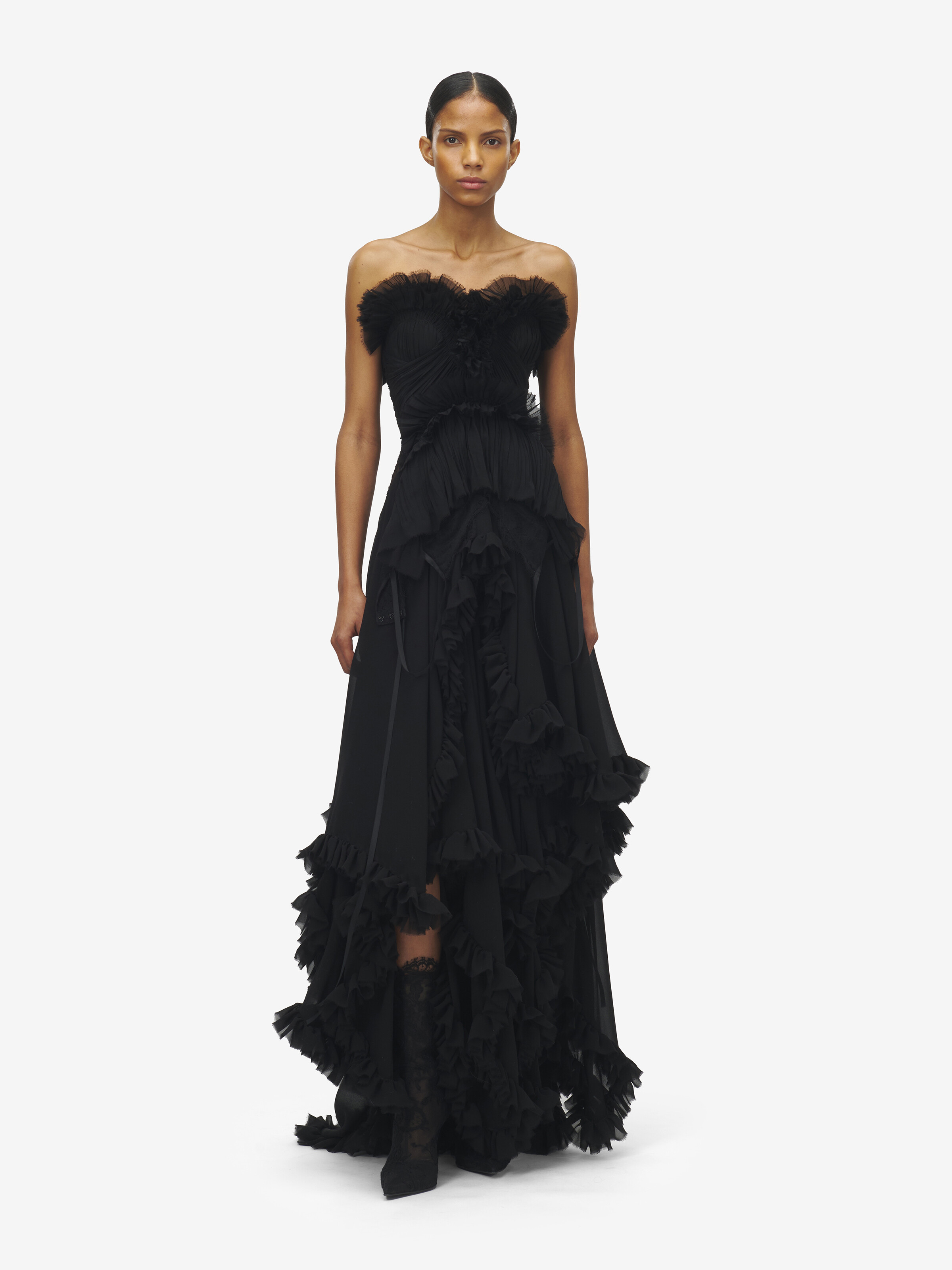 Women's Ruffled Evening Dress in Black in 100% Silk | Alexander McQueen - image 1