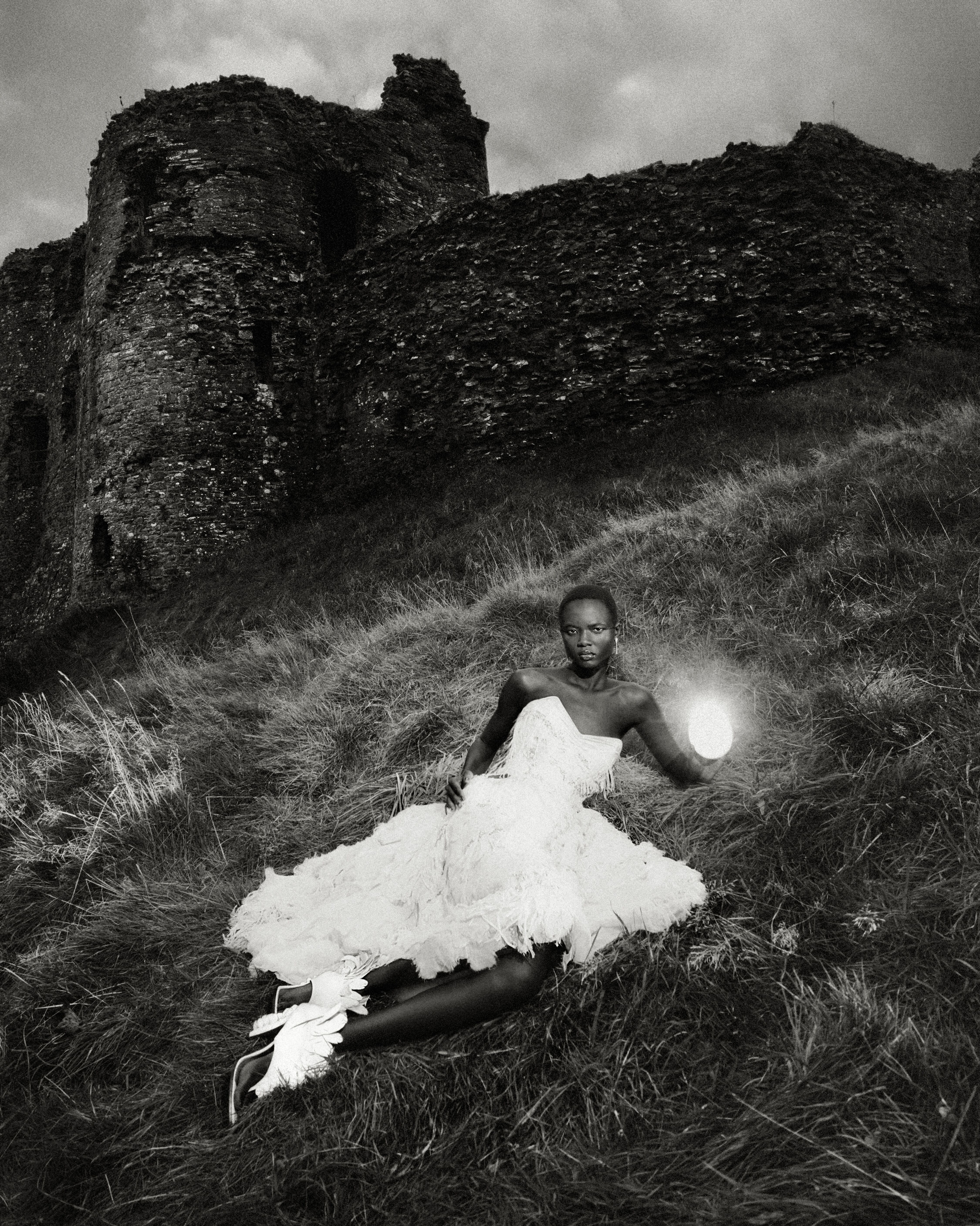 McQueen Spring Summer 2025 Campaign on Location at Llansteffan Castle Model wearing Banshee finale show look