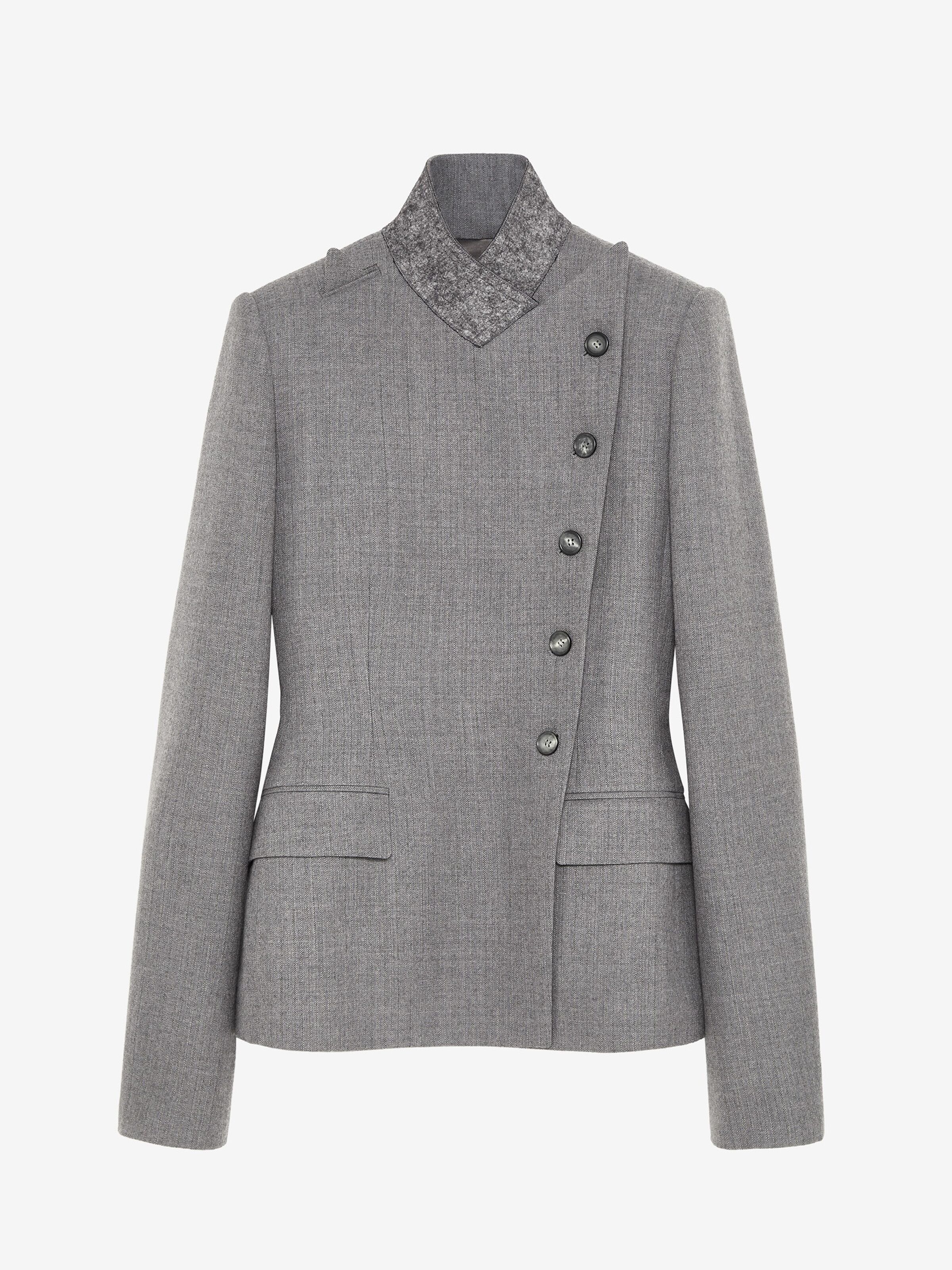 Alexander McQueen Wool Pinstripe Cross Lapel Jacket in Grey