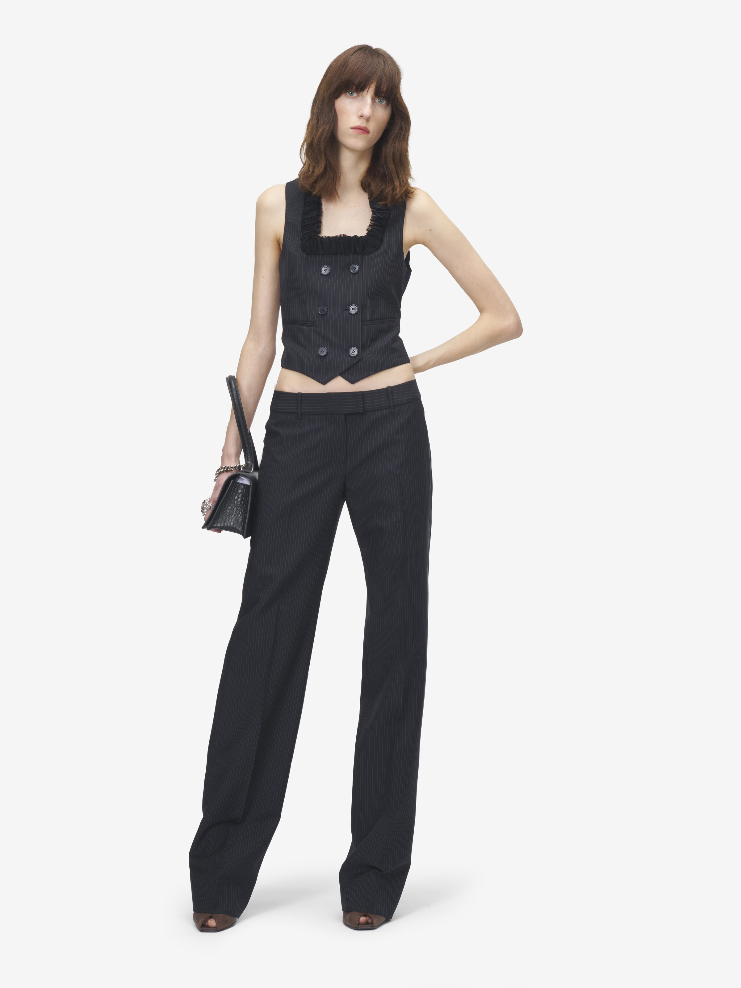 Women's Pinstriped Tailored Waistcoat in Navy in 75% Wool, 25% Mohair | Alexander McQueen - image 2