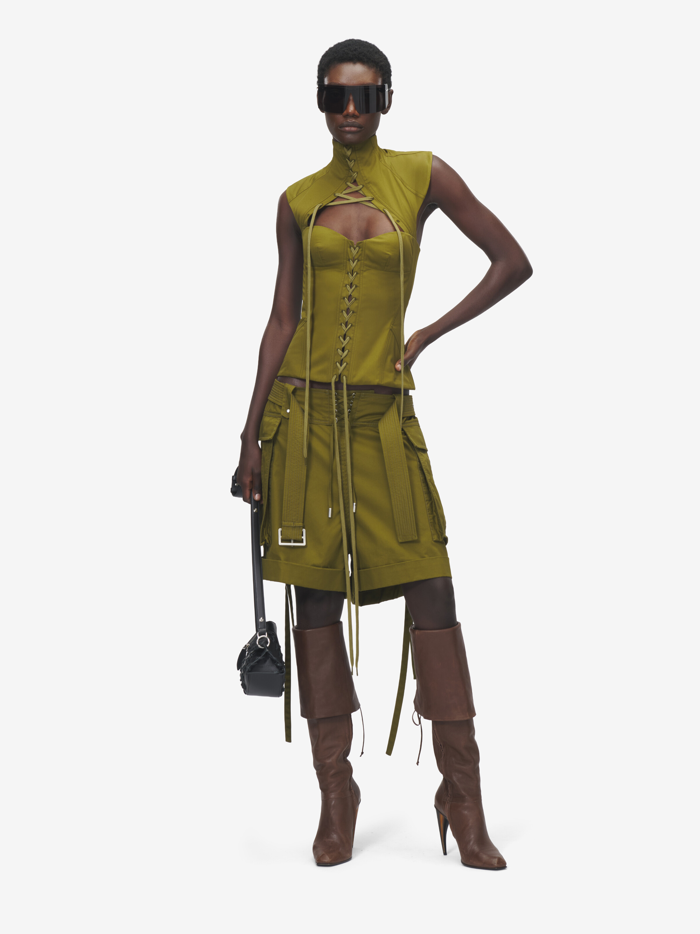 Women's Cut-Out Corset Top in Olive Green in 100% Cotton | Alexander McQueen - image 2