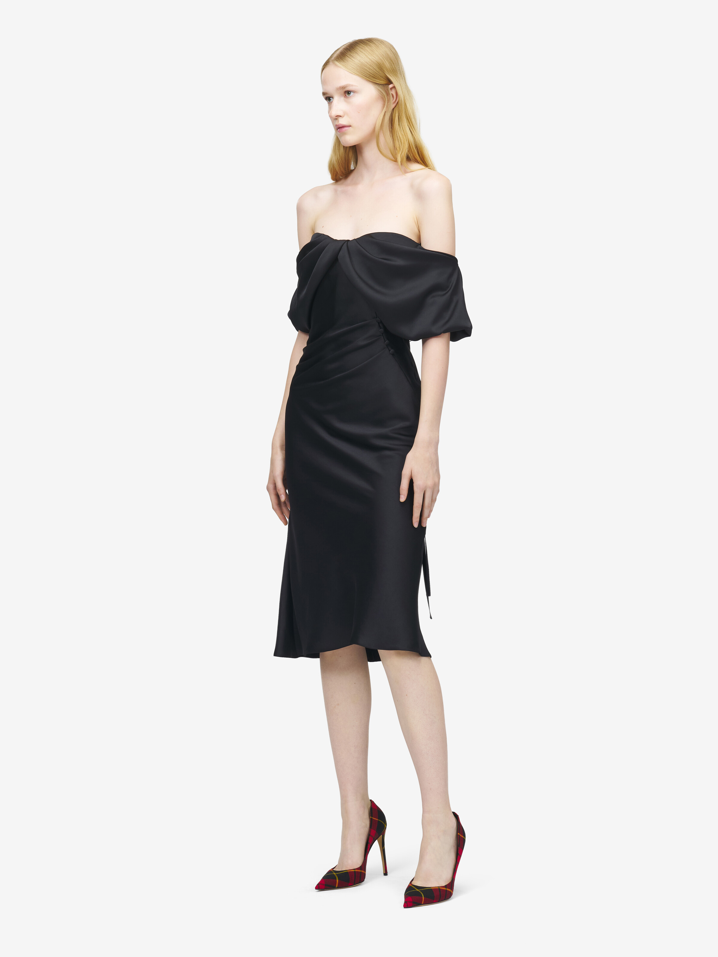 Women's Off-the-shoulder Draped Evening Dress in Black in 100% Polyester | Alexander McQueen - image 3
