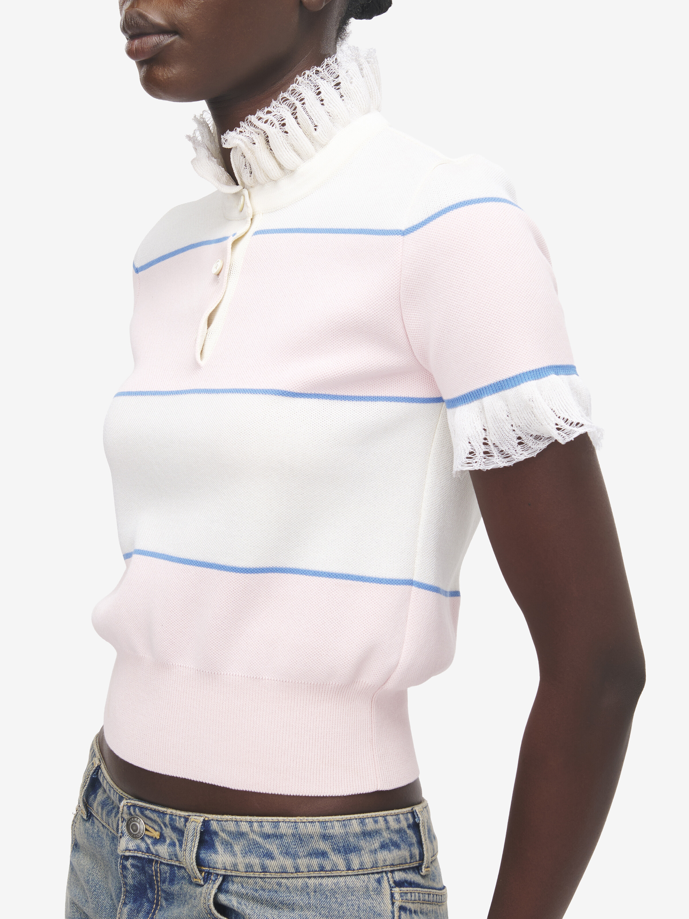 Women's Ruffle Trim Striped Top in Ivory/Light Pink in 67% Viscose, 33% Cotton | Alexander McQueen - image 5