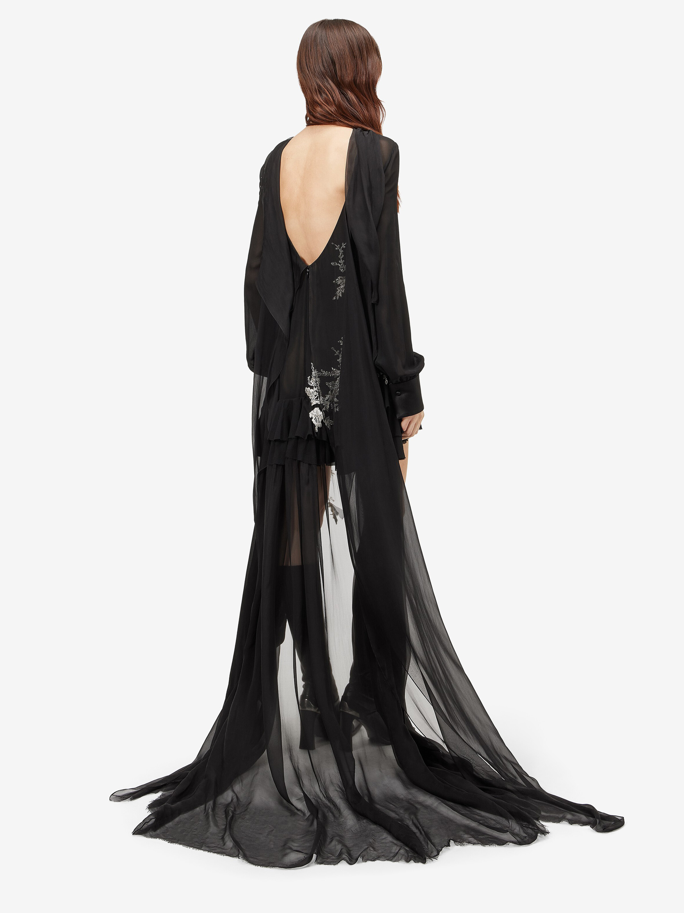 Women's Floral Lace Embroidery Evening Dress in Black in 100% silk -  fabric 2: 100% silk -  lining: 100% silk -  non textile embroidery : metal -  glass | Alexander McQueen - image 4