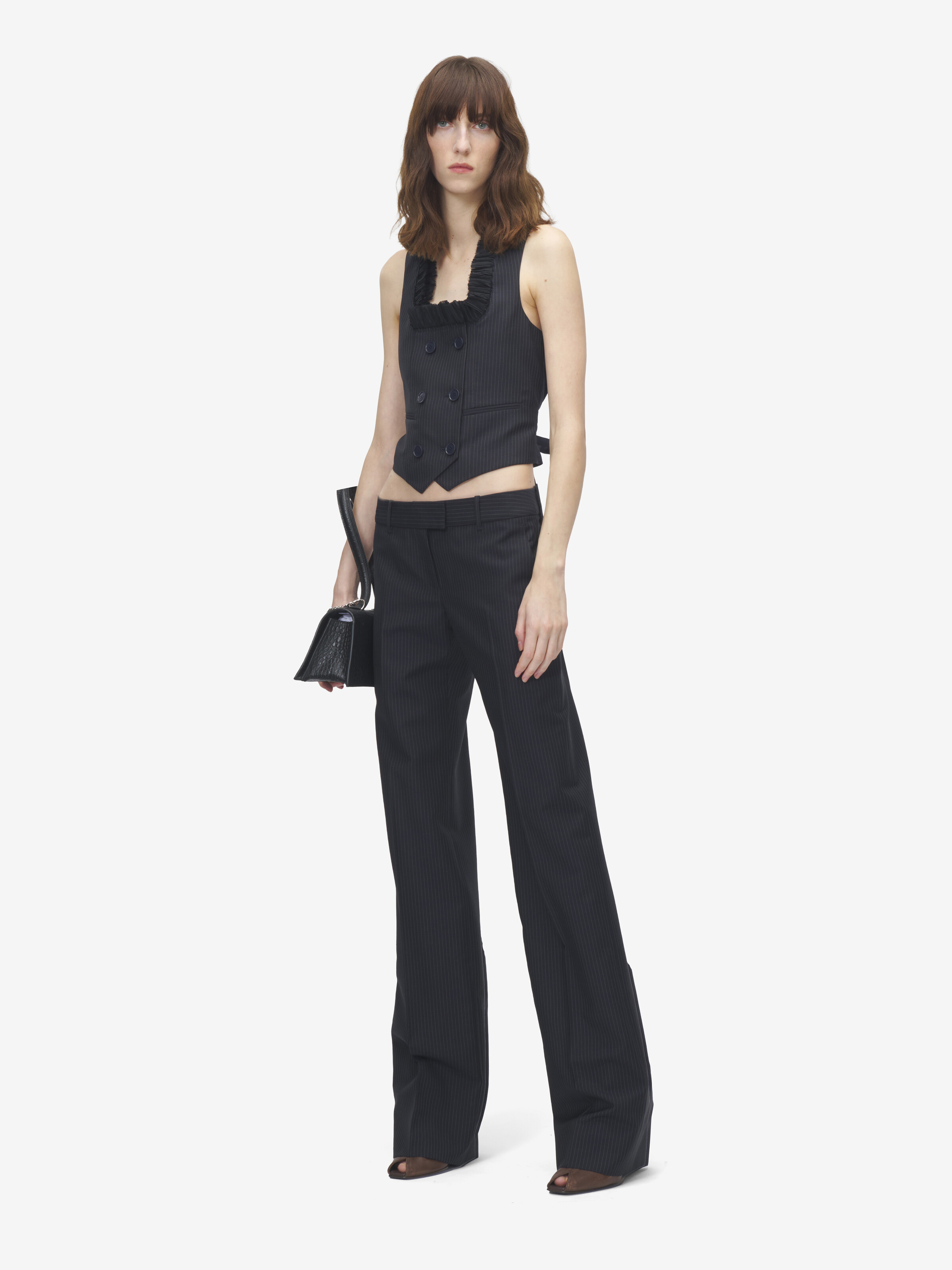 Women's Pinstriped Bumster Trousers in Navy in 75% Wool, 25% Mohair | Alexander McQueen - image 2