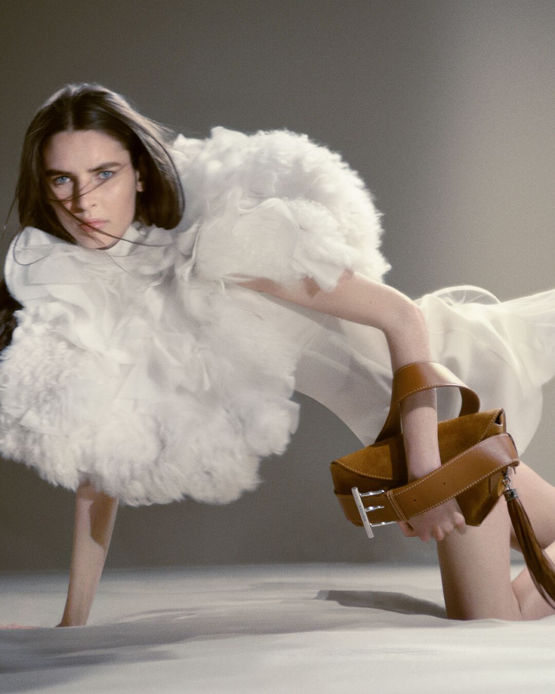 Model on set of McQueen Autumn Winter 2025 Campaign