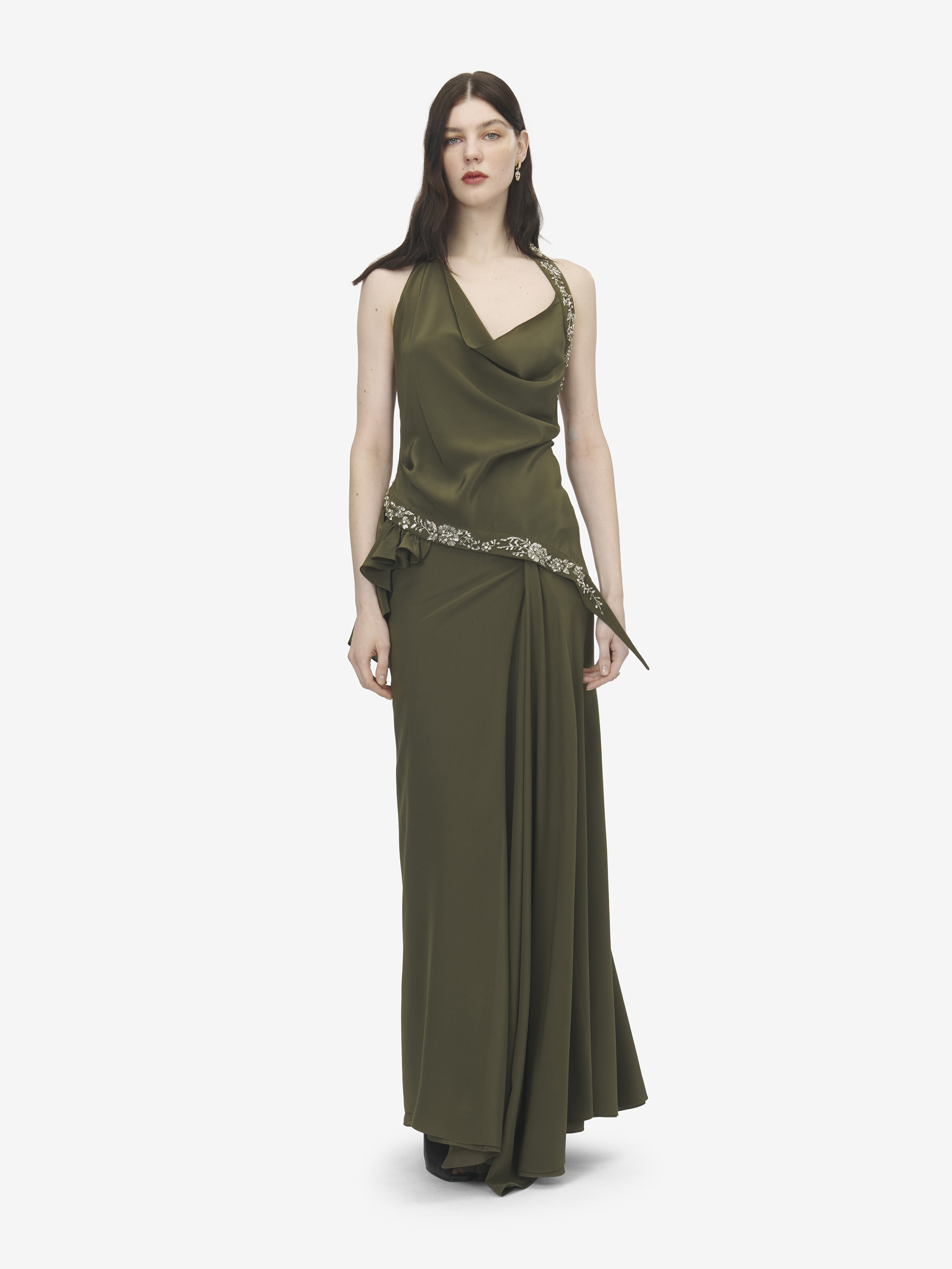 Women's Floral Embroidery Asymmetric Top in Green in 100% Silk | Alexander McQueen - image 2