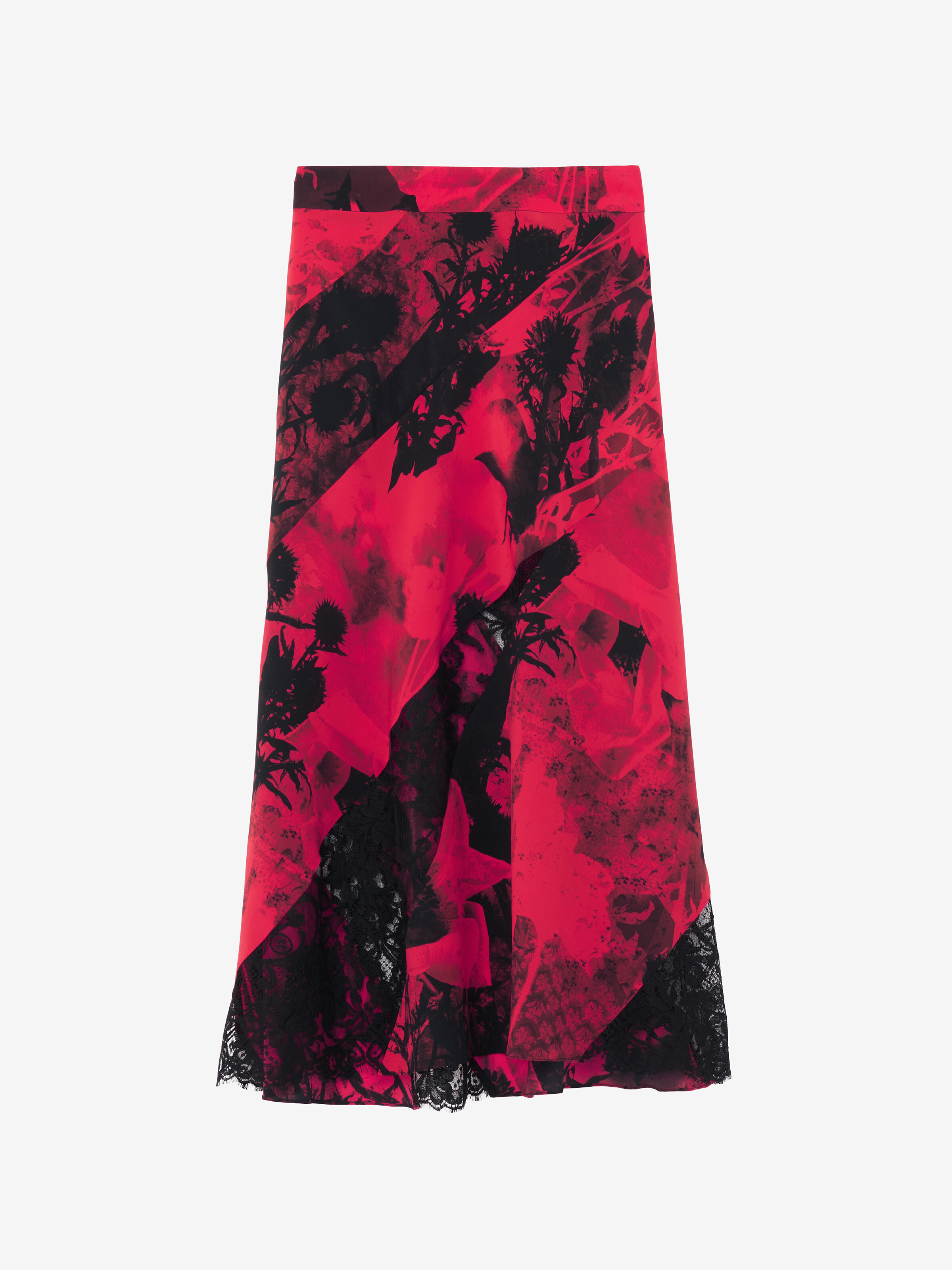 Women's Floral Slashed Midi Skirt in Red/Black in 100% Silk | Alexander McQueen - image 1